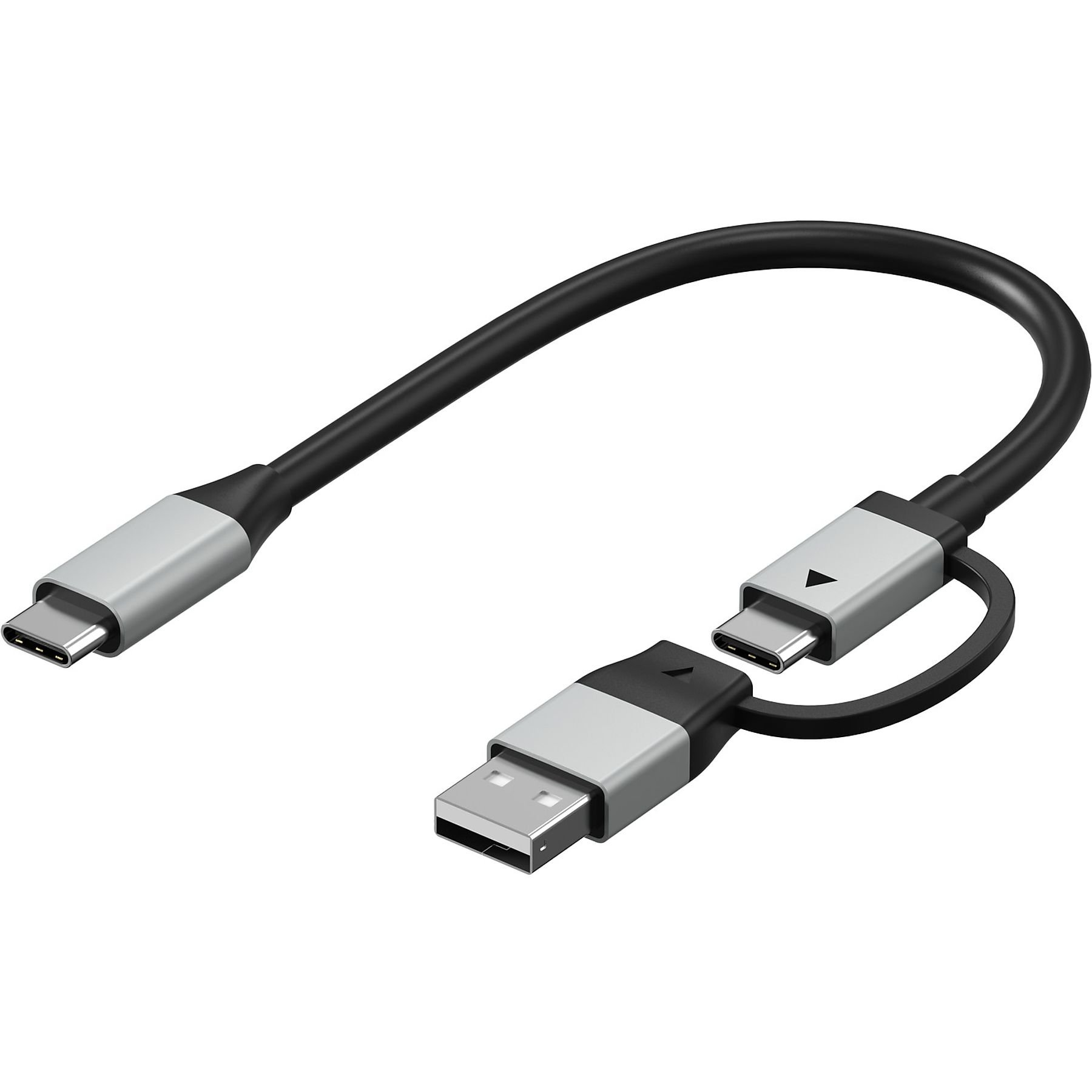 Czarny i srebrny kabel ładujący USB z trzema złączami: USB-A i dwa złącza USB-C.