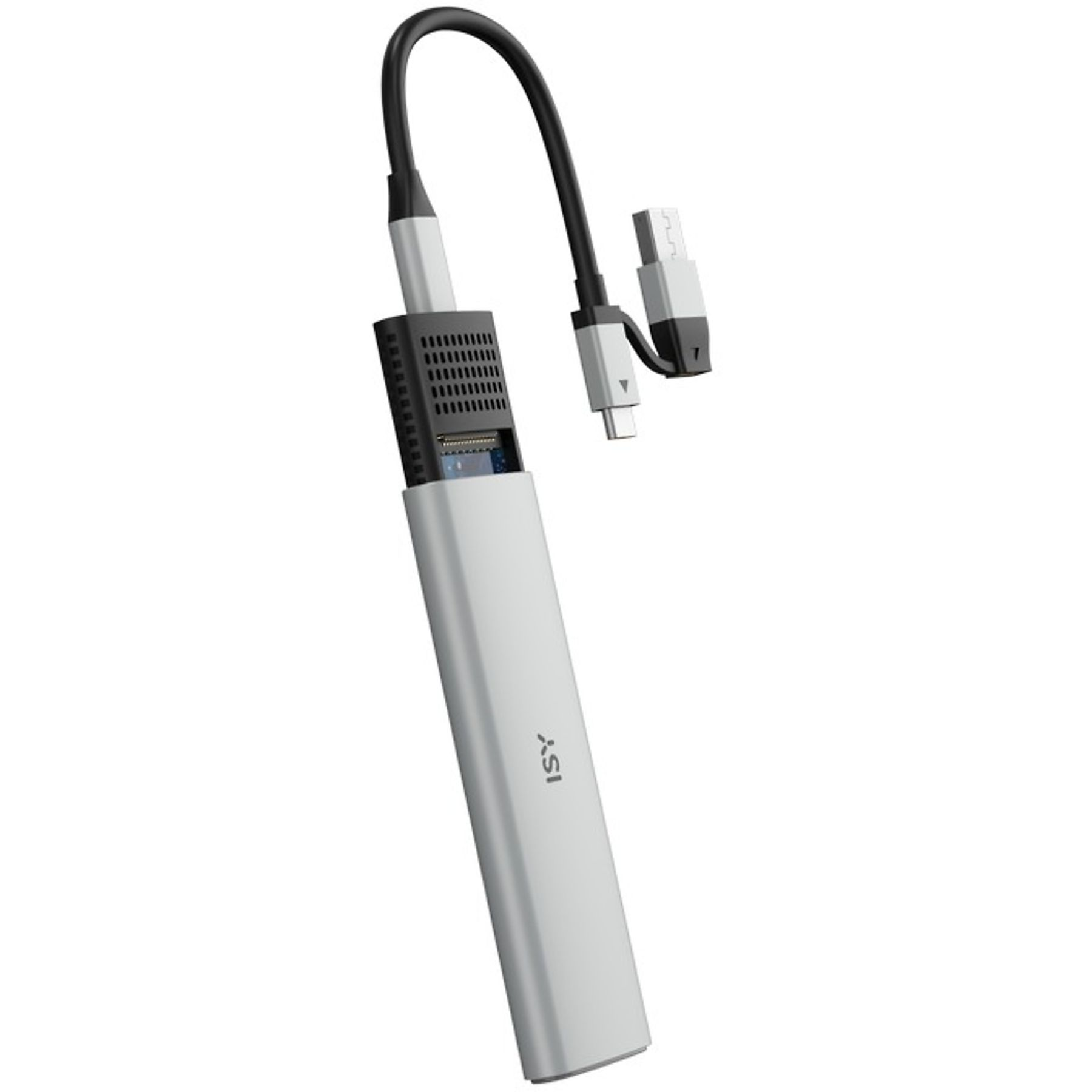 Srebrny i czarny adapter USB-C ISY z czarnym kablem i dwoma złączami USB na białym tle.