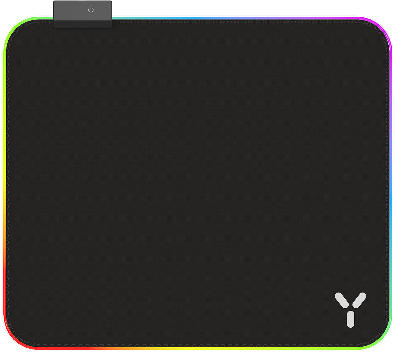 Czarna prostokątna podkładka pod mysz dla graczy z kolorową obwódką LED. Przycisk zasilania u góry i logo w prawym dolnym rogu.