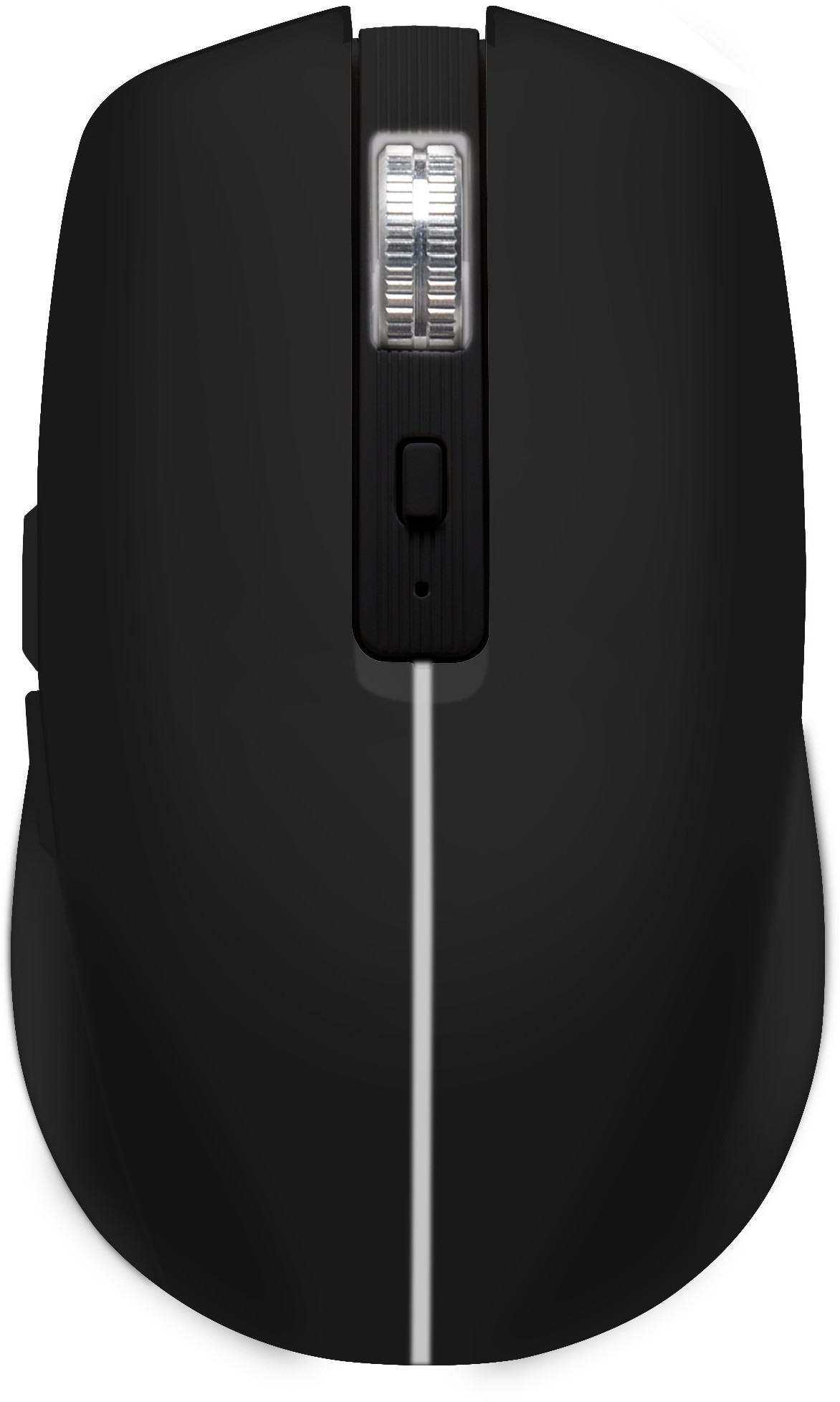 Czarna mysz bezprzewodowa. Ma kółko przewijania, przycisk i białą linię pośrodku.