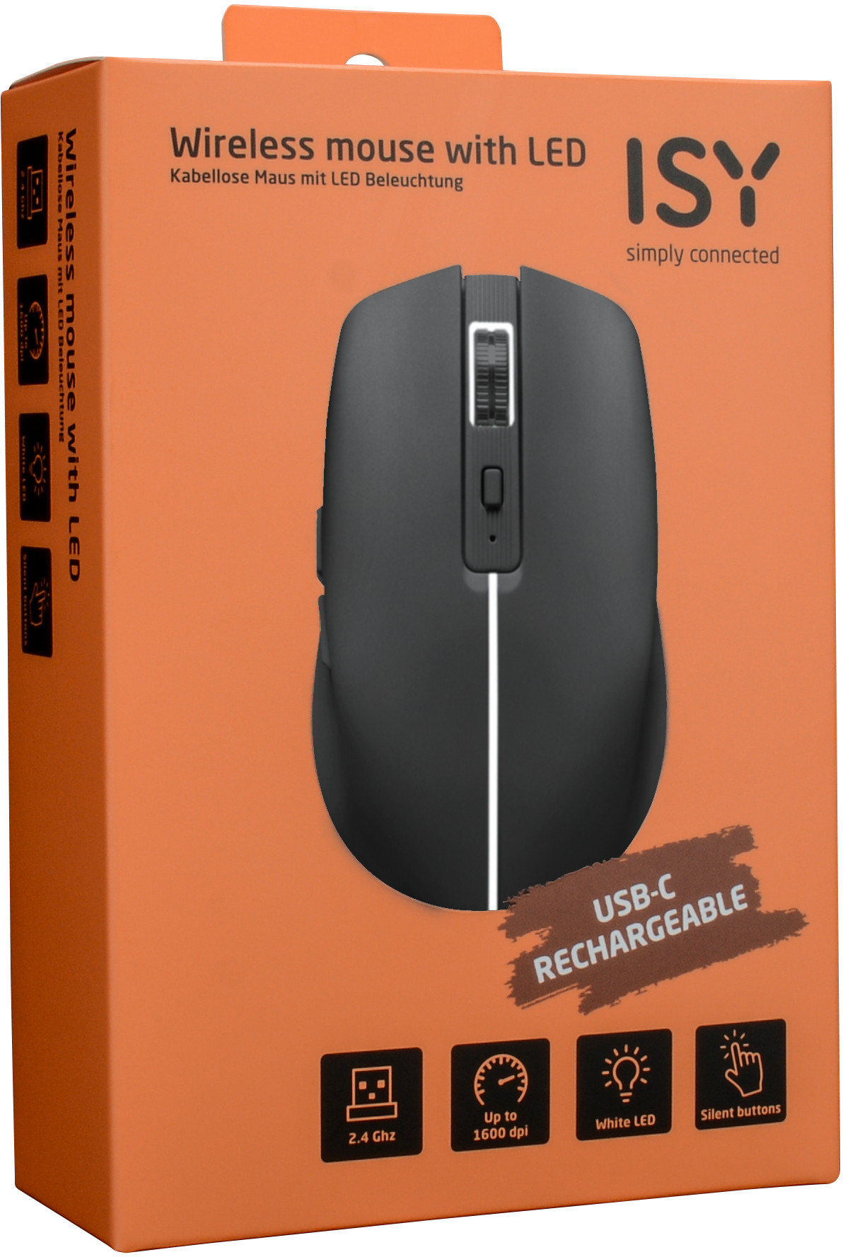 Czarna mysz bezprzewodowa z diodą LED na pomarańczowym pudełku. Zawiera ładowanie USB-C, 2,4 GHz i ciche przyciski.