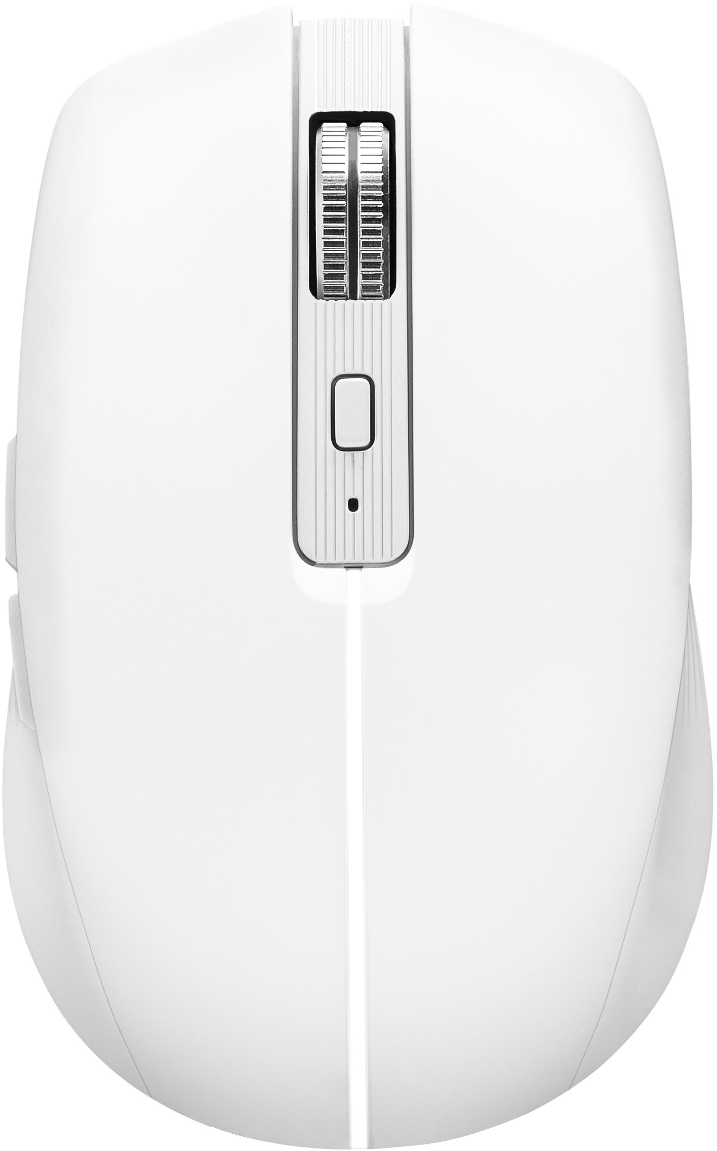 Biała mysz komputerowa, widok z góry. Ma kółko przewijania i przycisk. Projekt jest elegancki i nowoczesny.