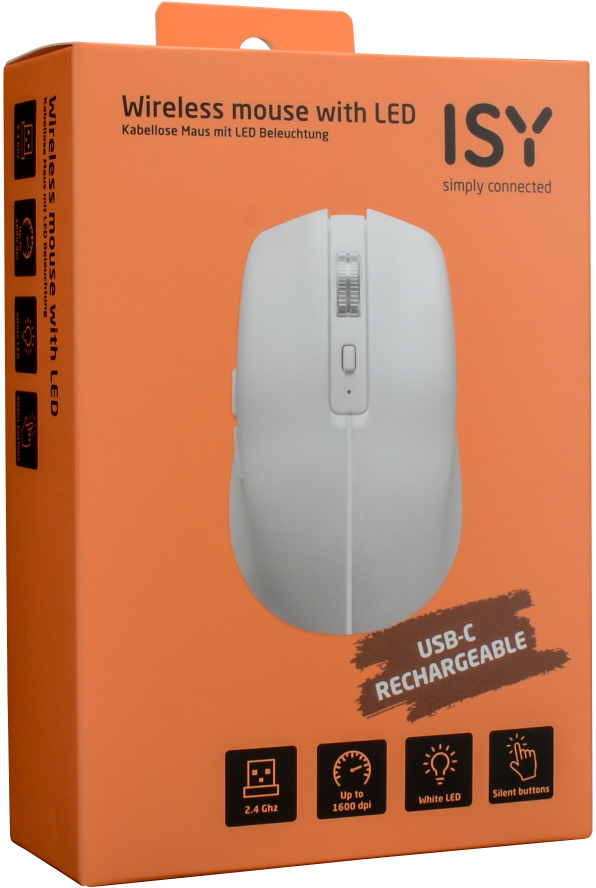 Biała mysz bezprzewodowa na pomarańczowym pudełku. Tekst zawiera 'Mysz bezprzewodowa z LED', 'USB-C ładowalny' i 'ISY'.
