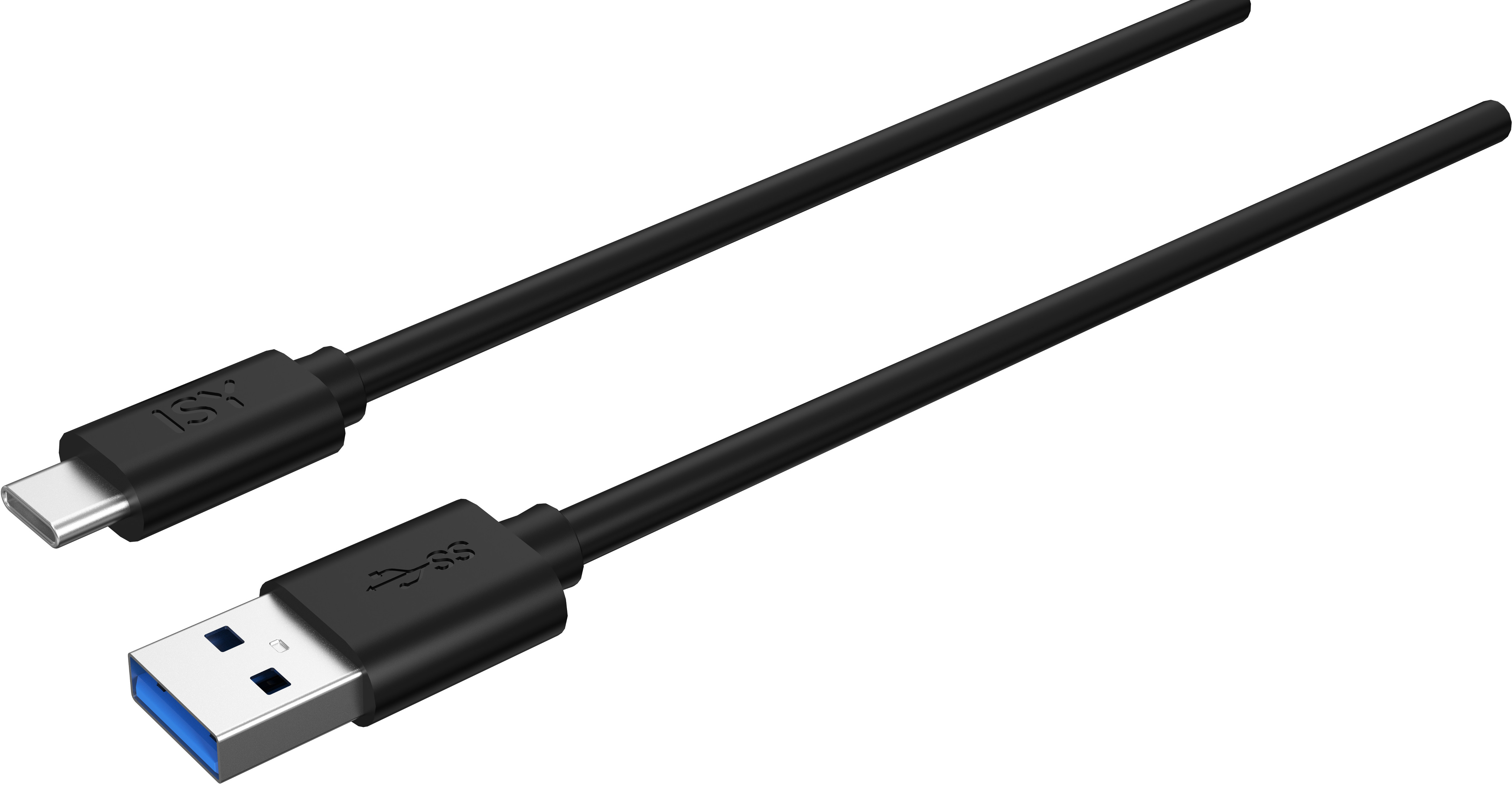 Dwa czarne kable USB z różnymi złączami. Jeden to USB-C, drugi to USB 3.0, z niebieskim wnętrzem.