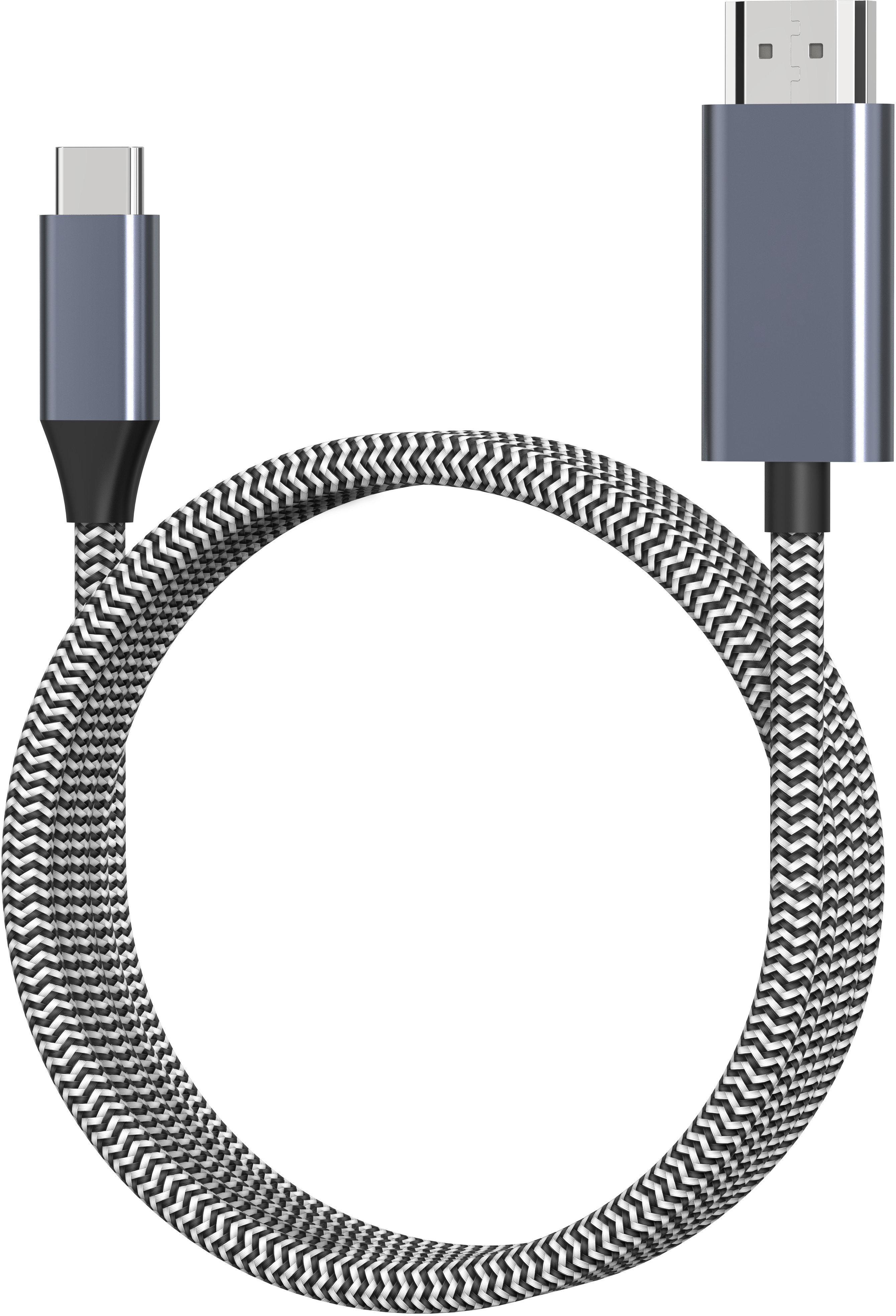 Kabel HDMI z wtyczką USB-C i standardowym złączem HDMI. Białe tło.