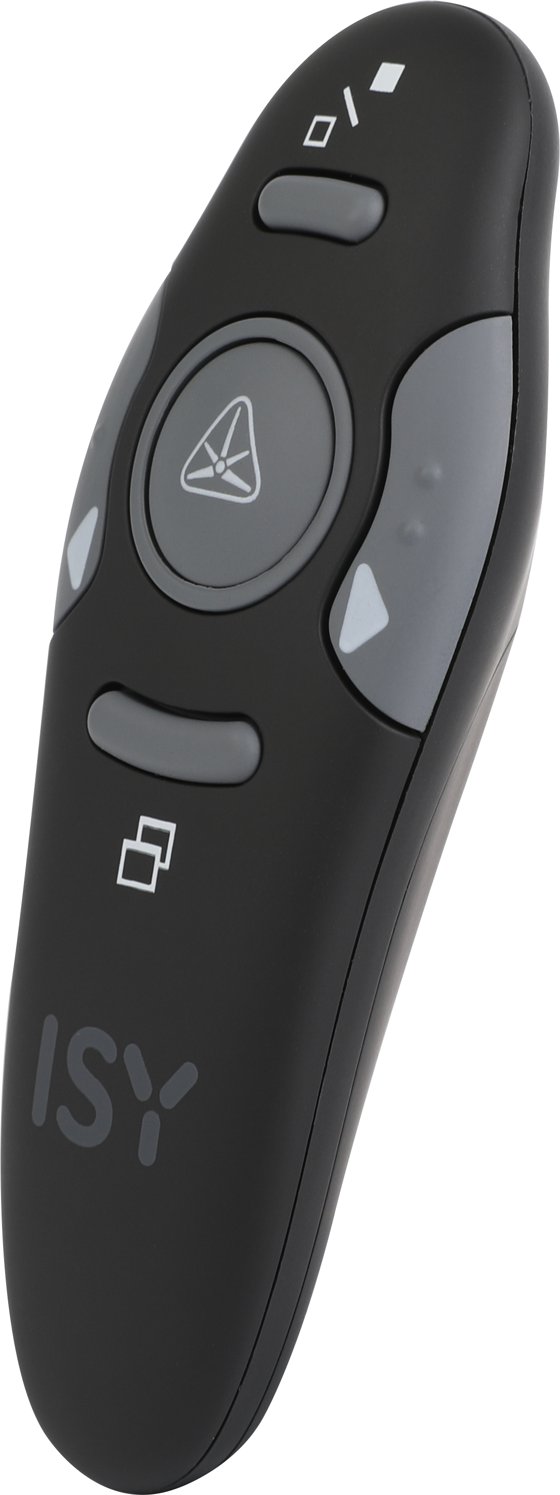 Czarny pilot z szarymi przyciskami. Funkcje obejmują zasilanie, kontrolę prezentacji i logo ISY.
