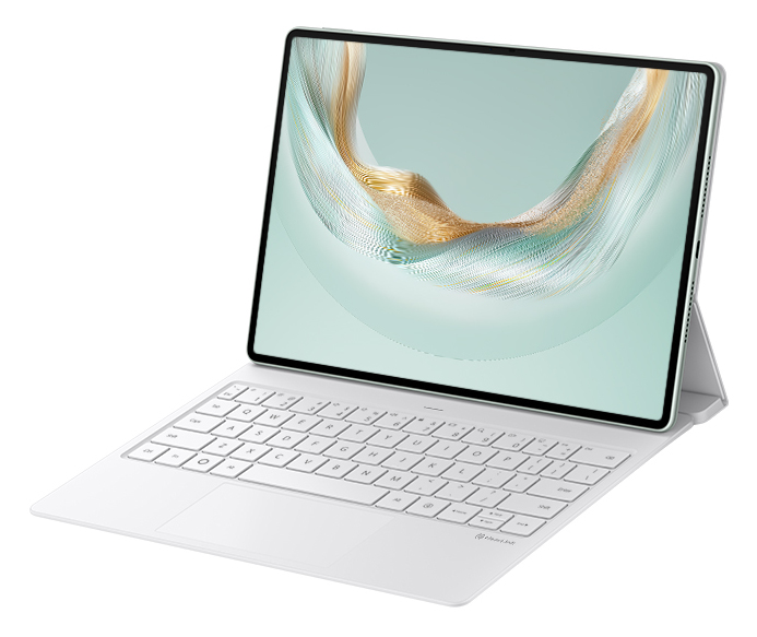 Biały tablet z dołączoną klawiaturą. Ekran wyświetla jasnozielone tło ze złotymi i białymi wzorami falistymi.