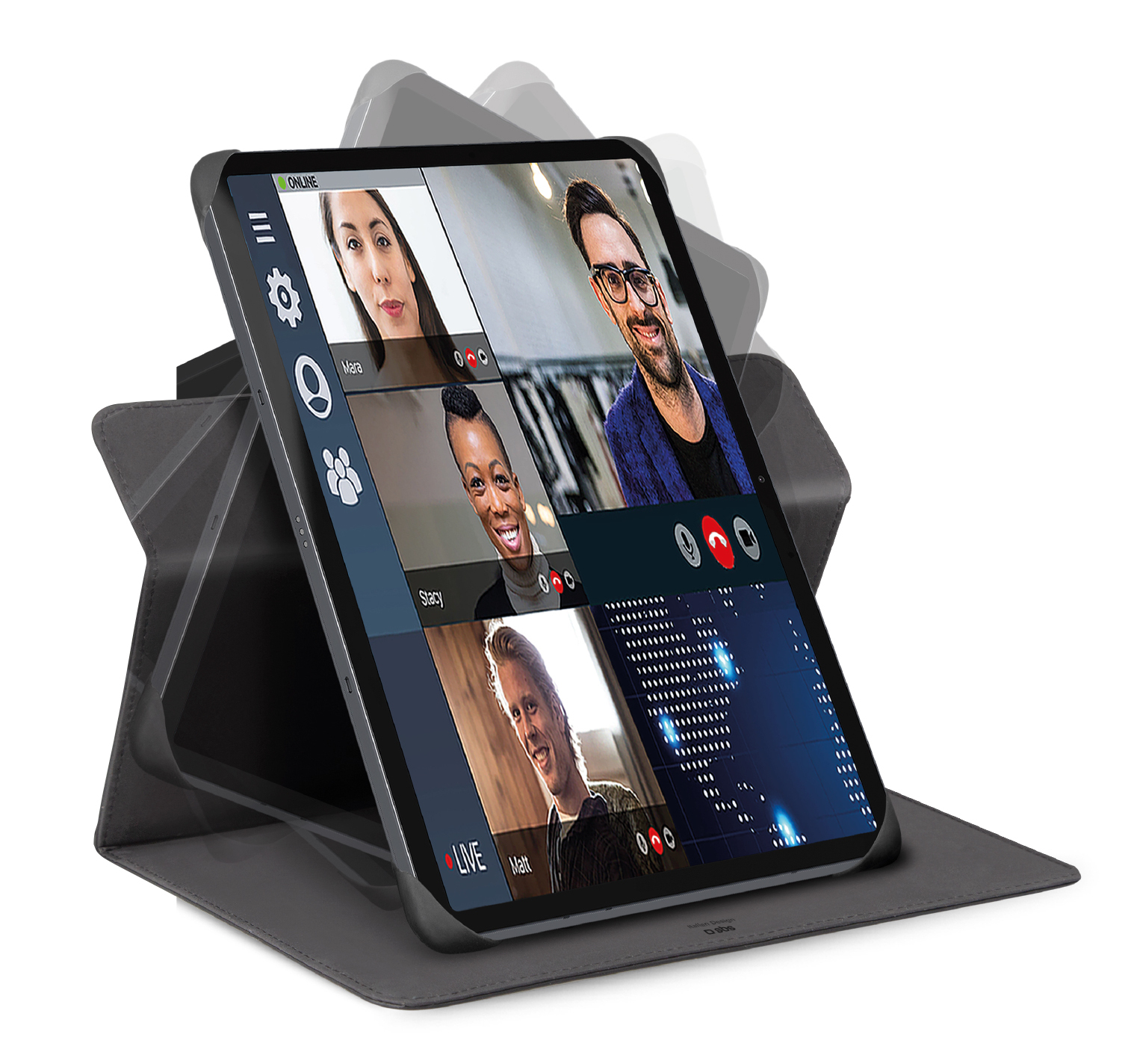 Tablet w etui wyświetla połączenie wideo z czterema osobami. Tablet jest podparty. Etui jest szare. Tło jest białe.