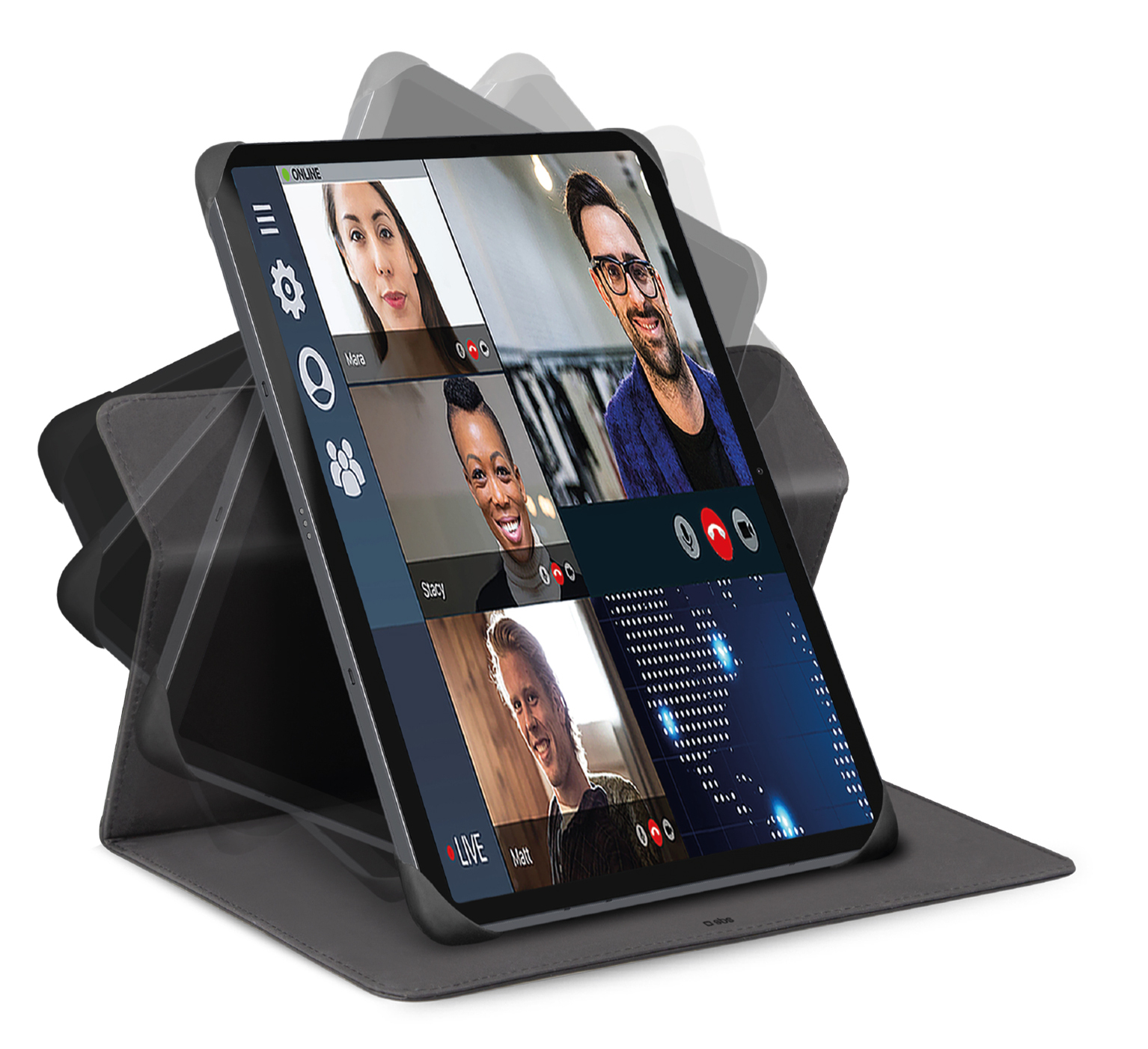 Tablet wyświetlający rozmowę wideo z czterema uczestnikami. Tablet jest w szarej obudowie, podparty i na białym tle.