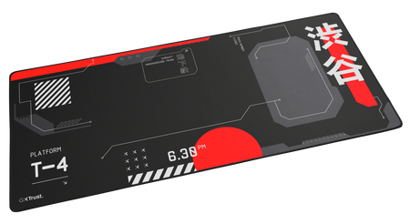Czarna i czerwona prostokątna podkładka pod mysz z białą grafiką, japońskim tekstem i czerwonym kołem przypominającym słońce. Tekst brzmi 'Platform T-4'.