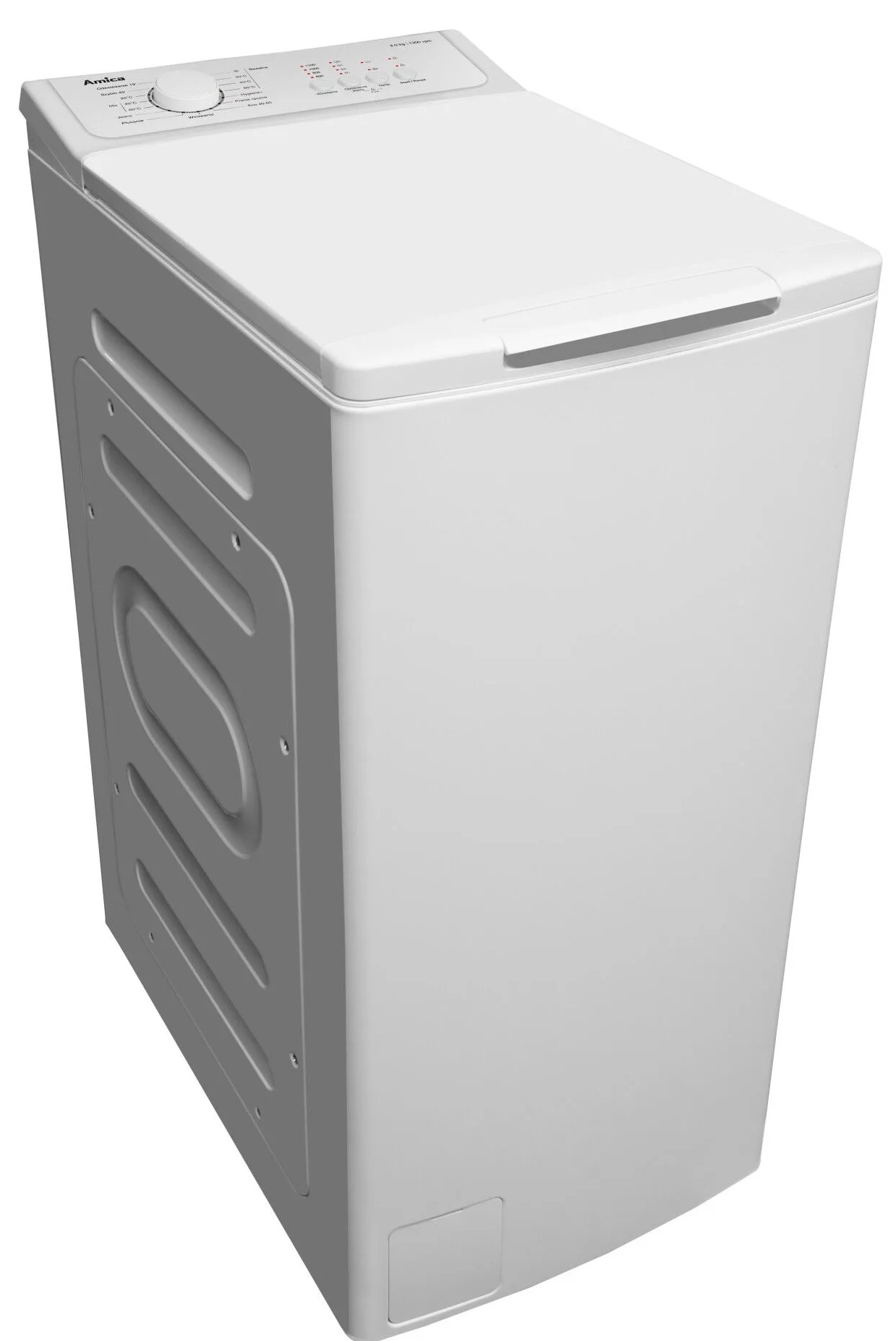 Biała pralka Amica. Ma konstrukcję ładowaną od góry z panelem sterowania na górze. Bok ma szary panel.