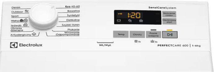Biały panel sterowania pralki Electrolux. Posiada pokrętło, wyświetlacz 1:20 i przyciski z polskimi napisami.