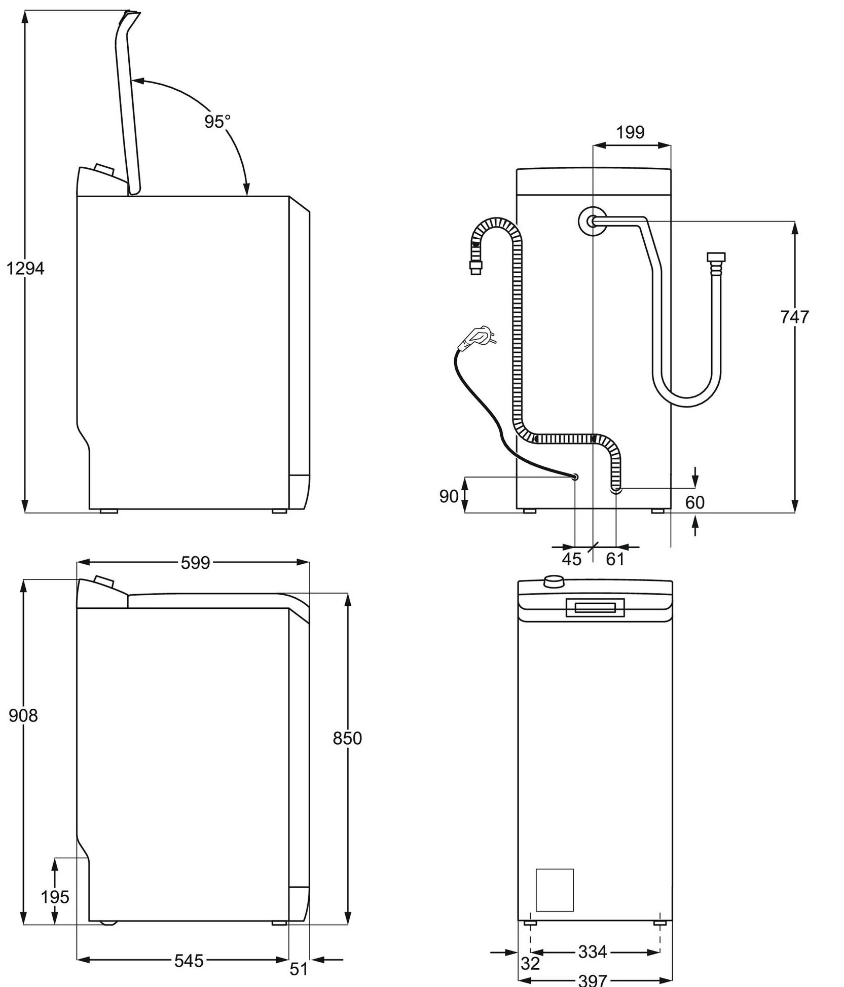 Schemat pralki z wymiarami. Widoki z boku, z przodu i z góry z wymiarami w mm.