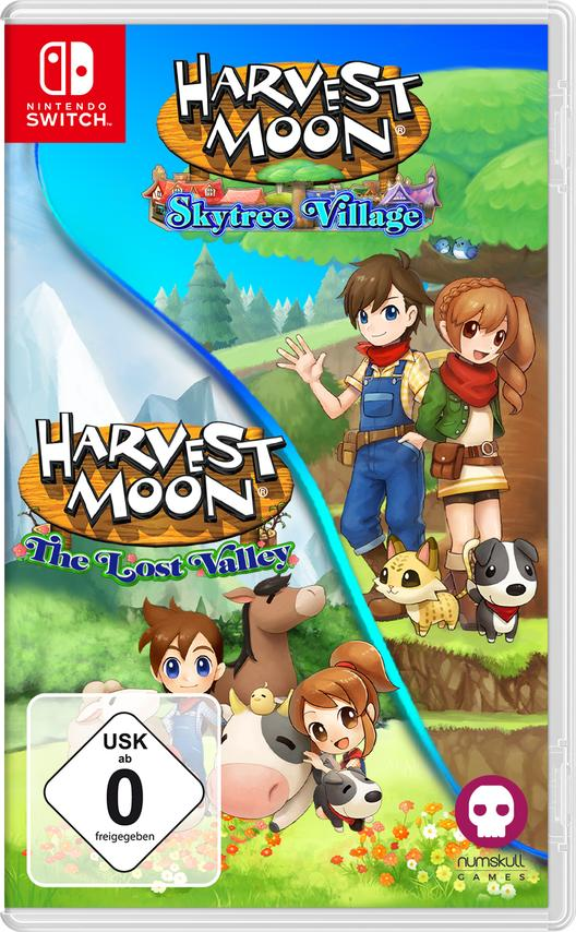 Das Spielcover zeigt Harvest Moon-Charaktere und -Tiere. Zeigt Logo und Titel mit Charakteren in einer farbenfrohen Umgebung.