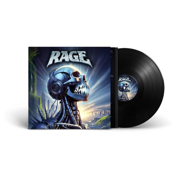 Albumcover von 'RAGE' mit einem schädelartigen Roboter-Kopf. Daneben liegt eine schwarze Schallplatte.