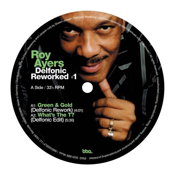 Kreisförmiges Albumcover mit Roy Ayers. Er lächelt und hat Ringe an den Fingern. Text enthält Albumtitel und Titelliste.