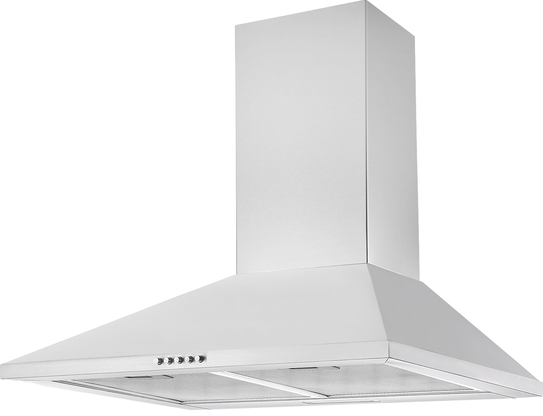 Okap ze stali nierdzewnej na białym tle. Ma prostokątny komin i pochyloną, trapezoidalną podstawę z elementami sterującymi.