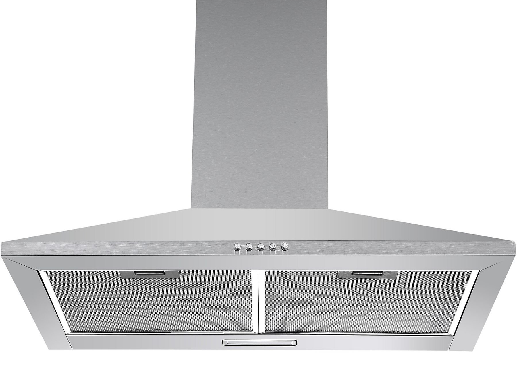 Okap ze stali nierdzewnej z prostokątnym korpusem, dwoma filtrami siatkowymi i kominem. Posiada pokrętła.