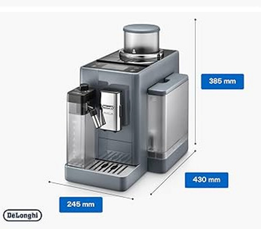 Szary ekspres do kawy De'Longhi. Wymiary: 245 mm, 430 mm i 385 mm. Posiada zbiornik na wodę, młynek i wylot.