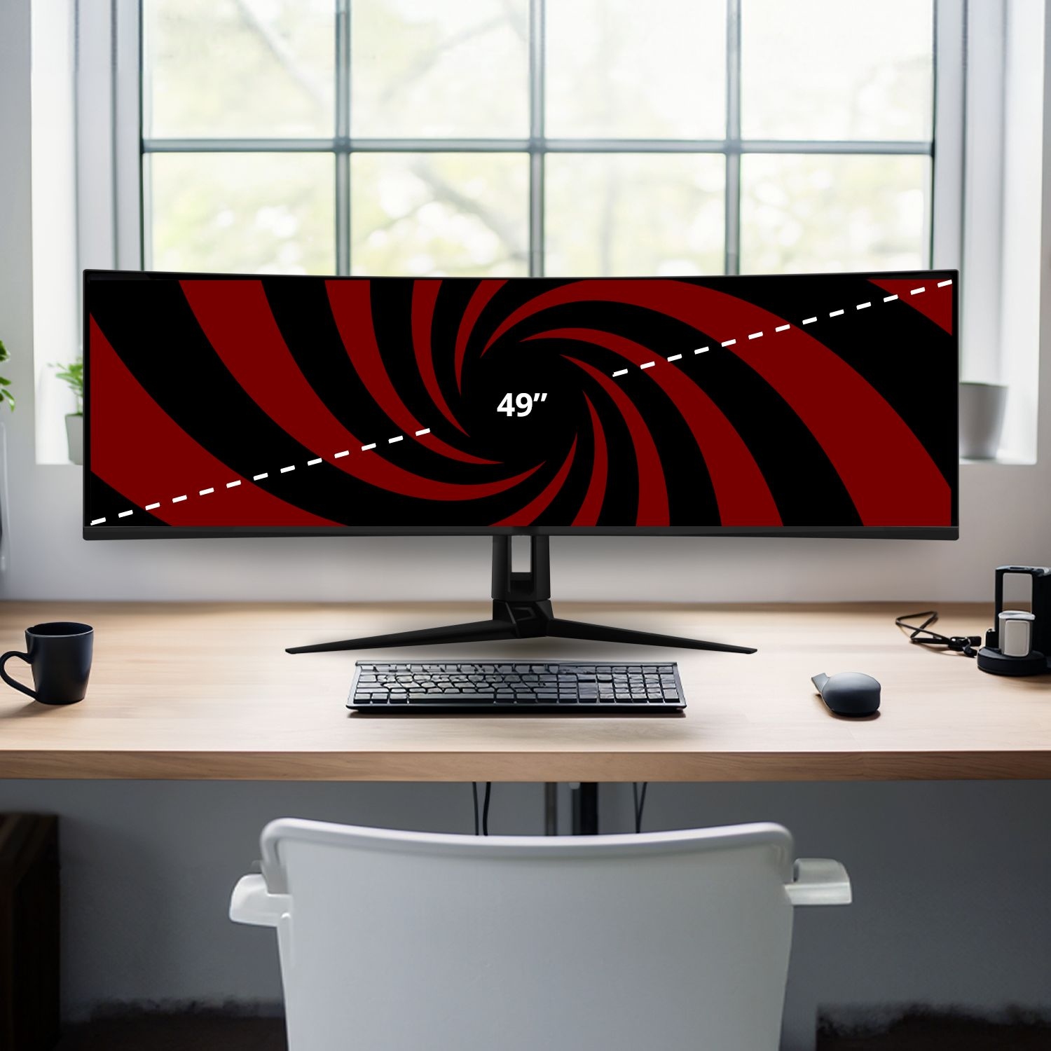 Un moniteur de 49" avec un motif en spirale noir et rouge est posé sur un bureau en bois. Un clavier, une souris et une tasse noire sont présents.