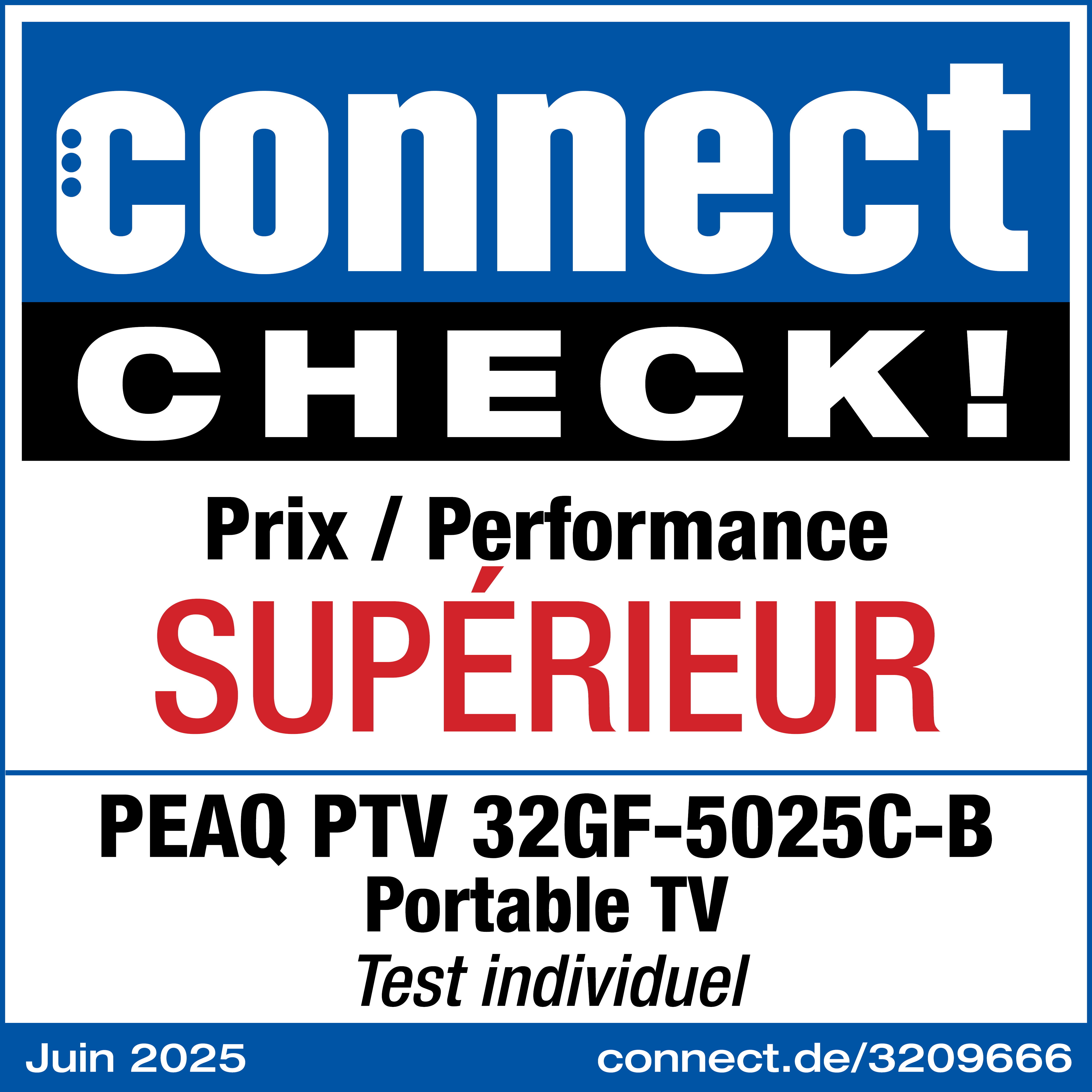 Das Bild zeigt ein blau-weißes Banner mit Text: connect CHECK!, Prix/Performance SUPERIEUR und PEAQ PTV 32GF-5025C-B.