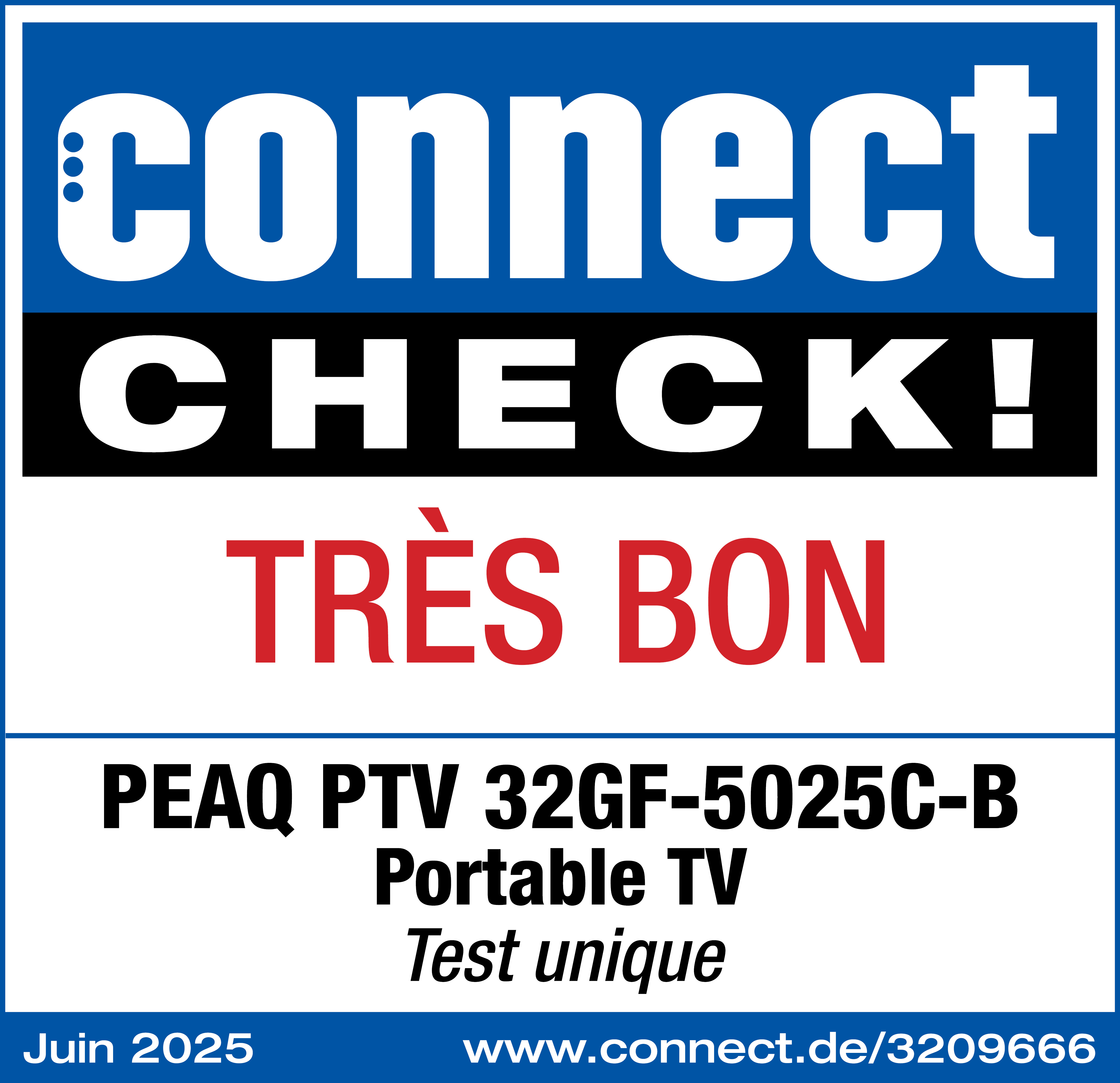 Grafik mit 'connect', 'CHECK!', 'TRES BON' und Details zu einem Fernseher.