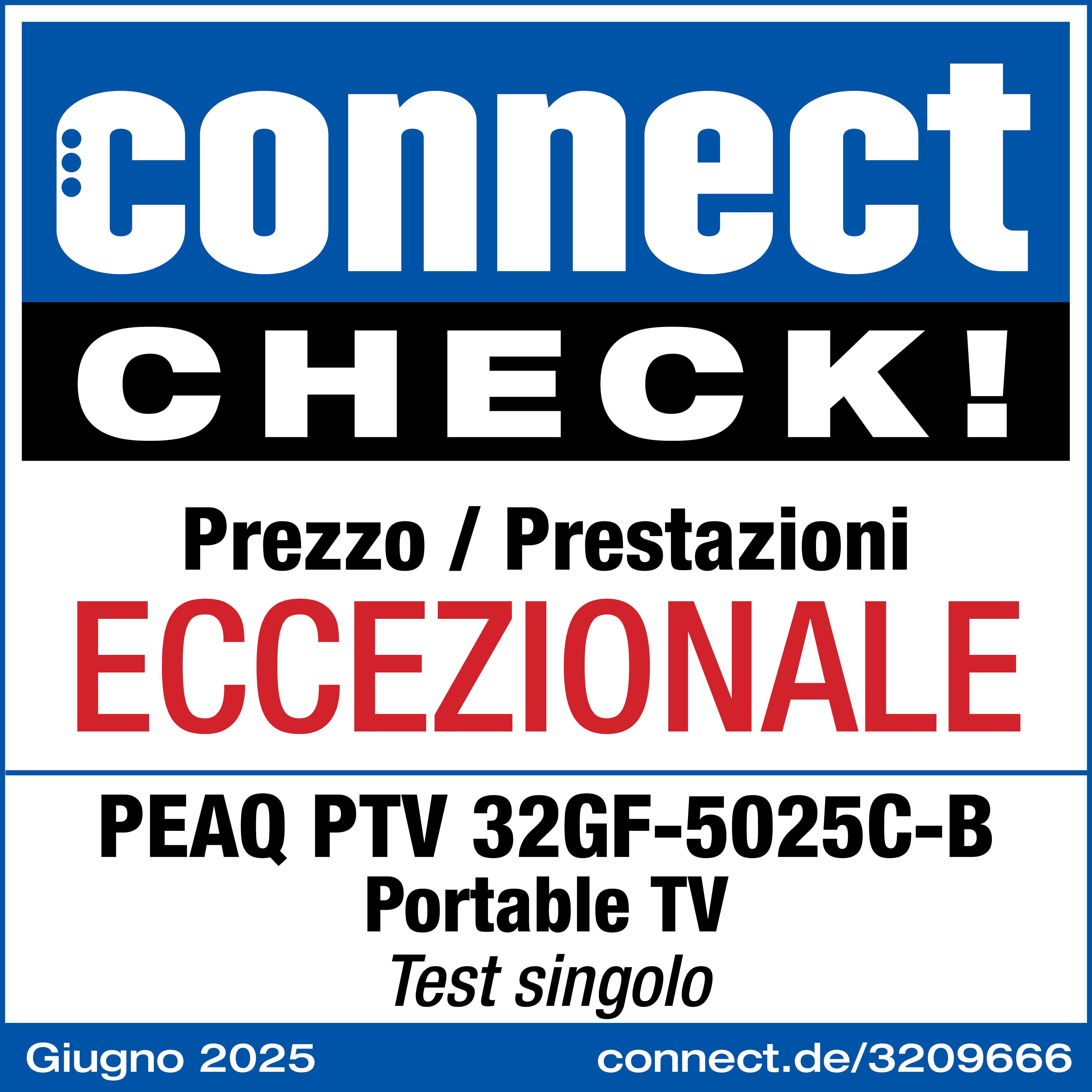 Ein Werbeplakat für einen tragbaren Fernseher. Es hat ein blaues und weißes Design mit Text auf Italienisch.