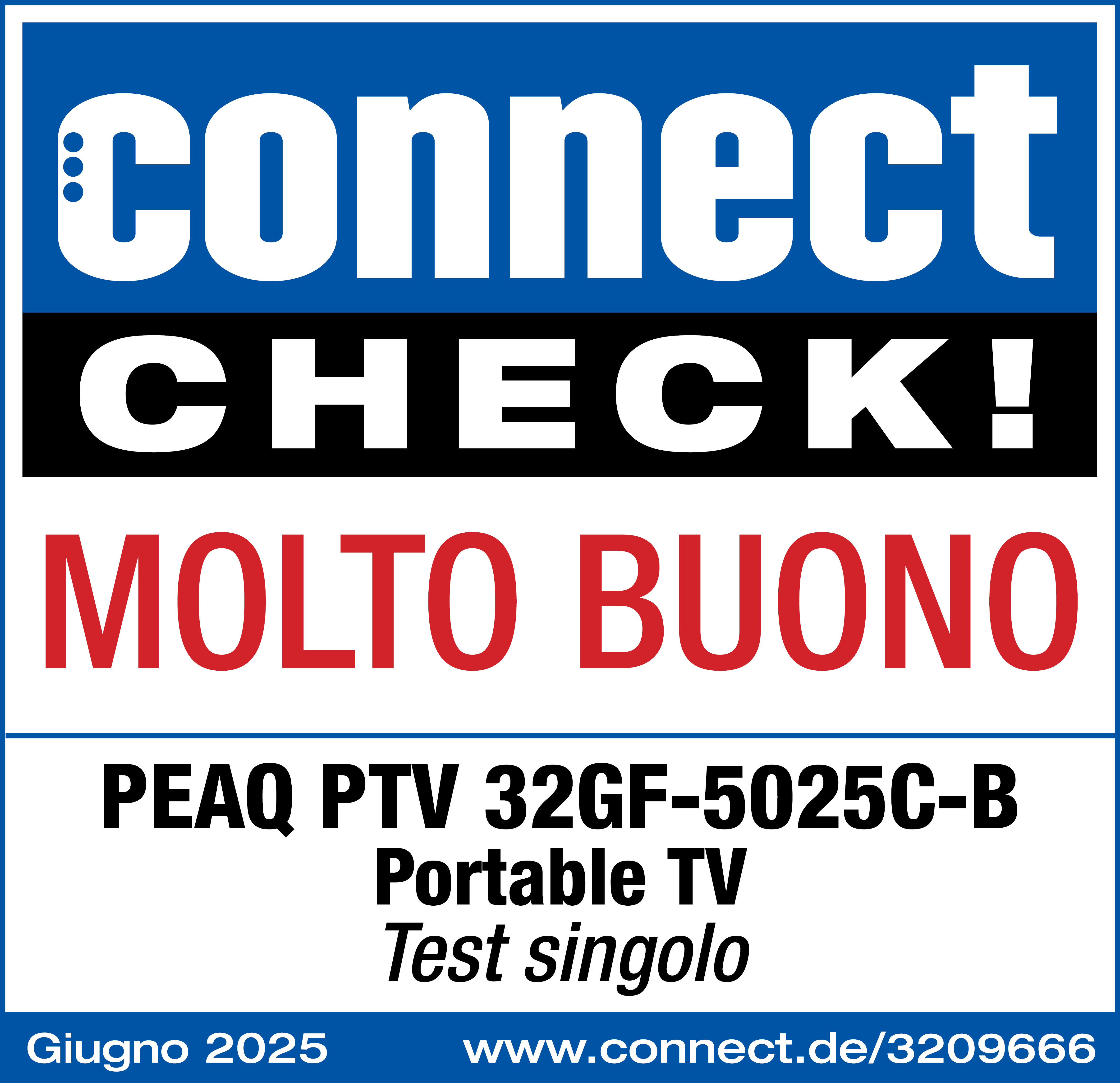 Blau-weißes Logo mit Text: connect CHECK!, MOLTO BUONO, PEAQ PTV 32GF-5025C-B, Portable TV. Test singolo.