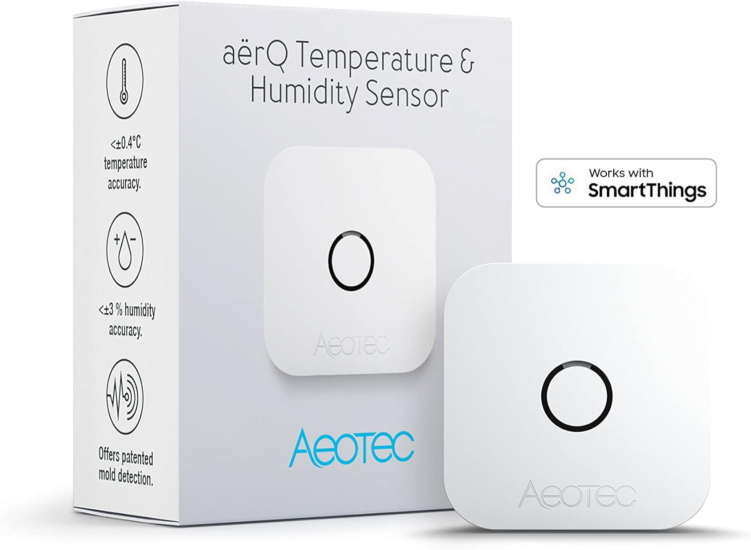 Egy fehér doboz és két fehér érzékelő fekete körökkel, 'aërQ Temperature & Humidity Sensor' és 'Aeotec' felirattal.