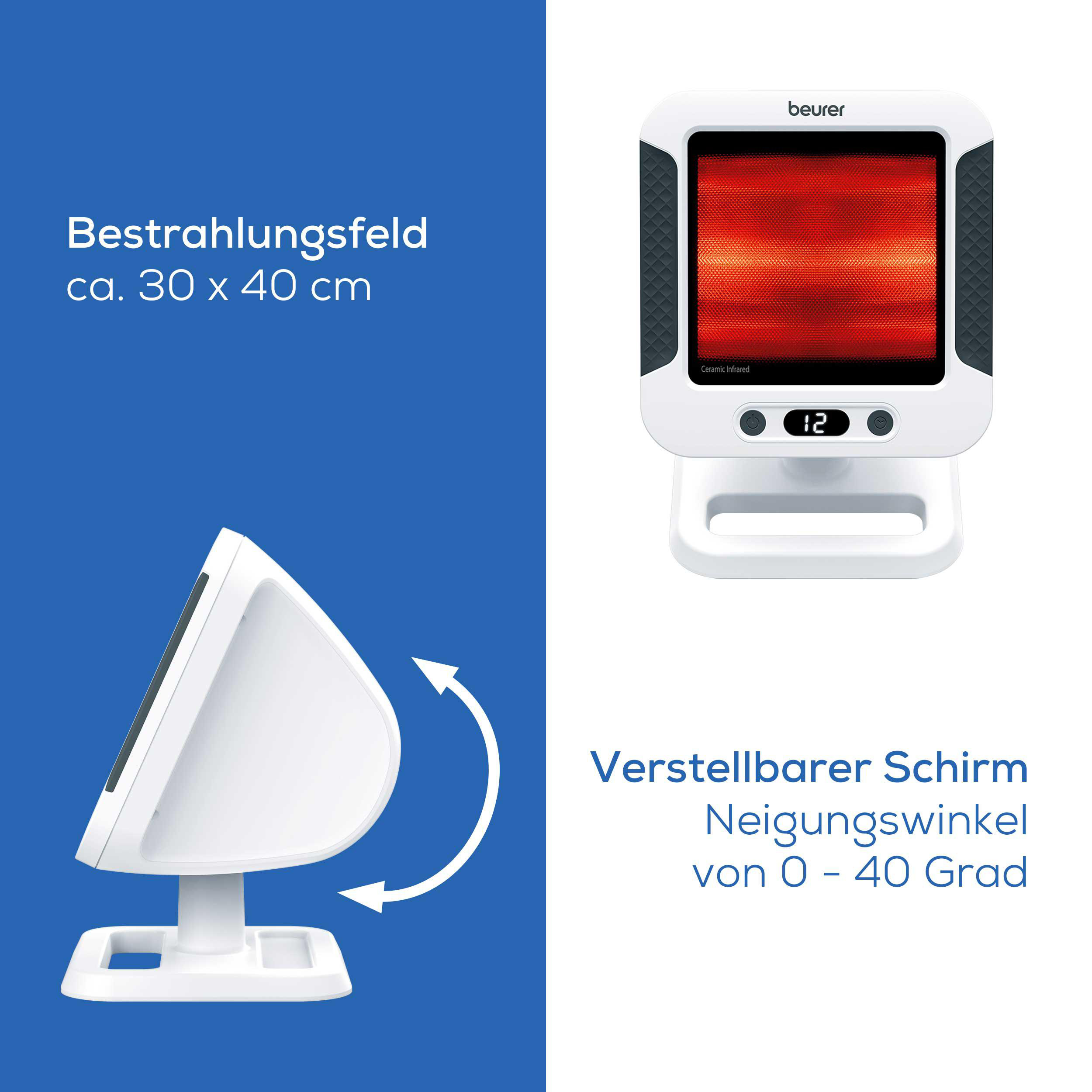 Ein weißes Infrarotgerät mit rotem Heizelement. Es hat einen einstellbaren Winkel und eine Digitalanzeige.