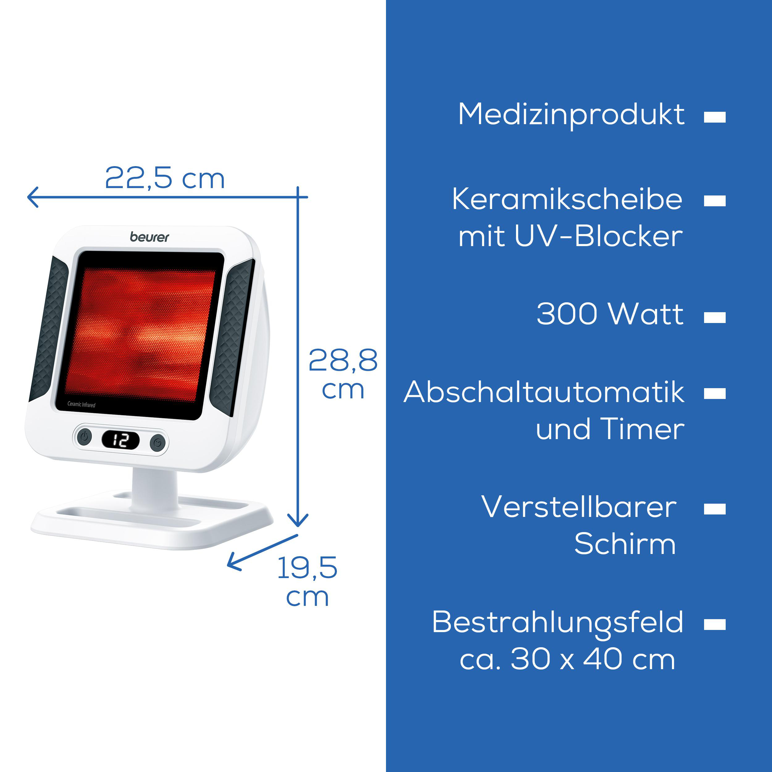 Weiße Infrarot-Wärmelampe mit rotem Heizelement, Abmessungen werden angezeigt und Textbeschreibungen auf Deutsch.