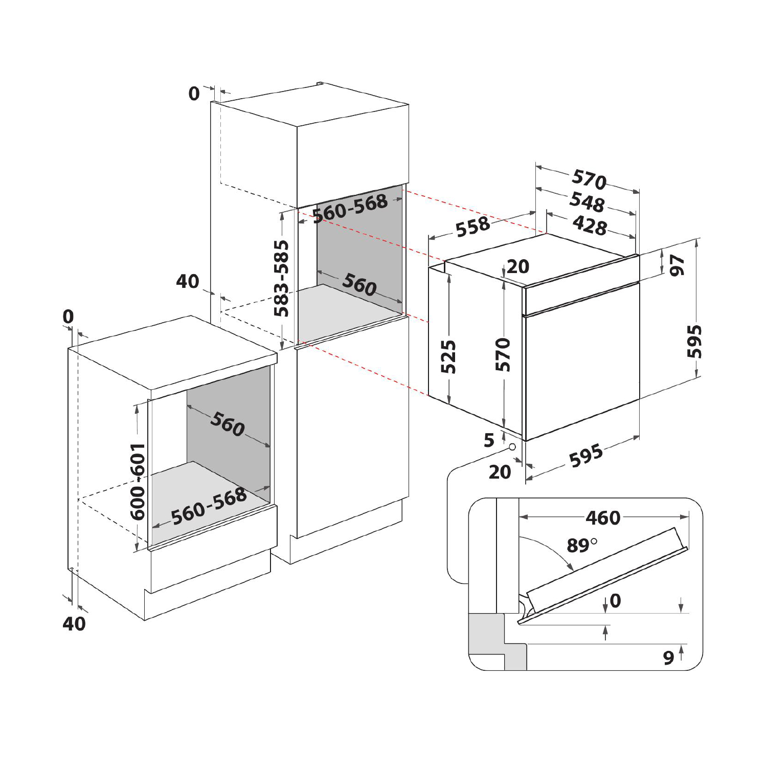 Schema degli elettrodomestici da cucina con dimensioni. Include microonde, forno e cassetto. Le dimensioni sono in millimetri.