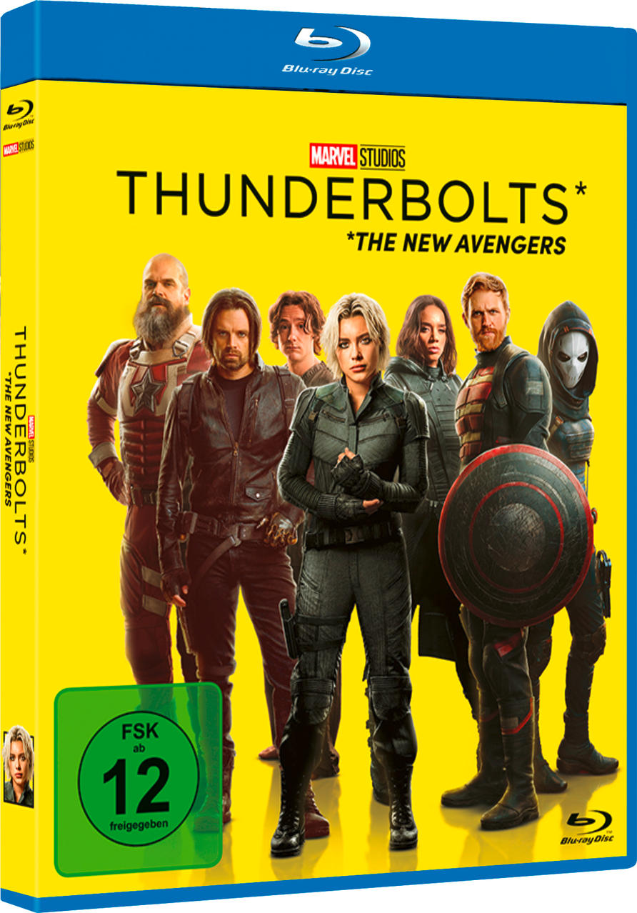Blu-ray-Disc-Cover für Thunderbolts: The New Avengers, mit einer Gruppe kostümierter Helden vor gelbem Hintergrund.
