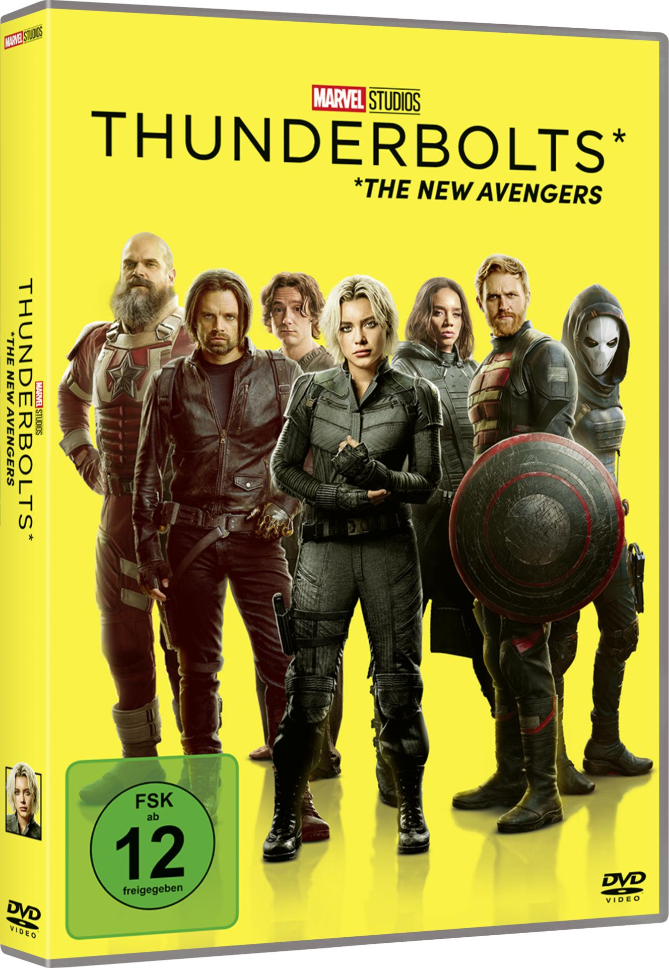 DVD-Cover für Thunderbolts: The New Avengers. Zeigt eine Gruppe kostümierter Charaktere auf gelbem Hintergrund.