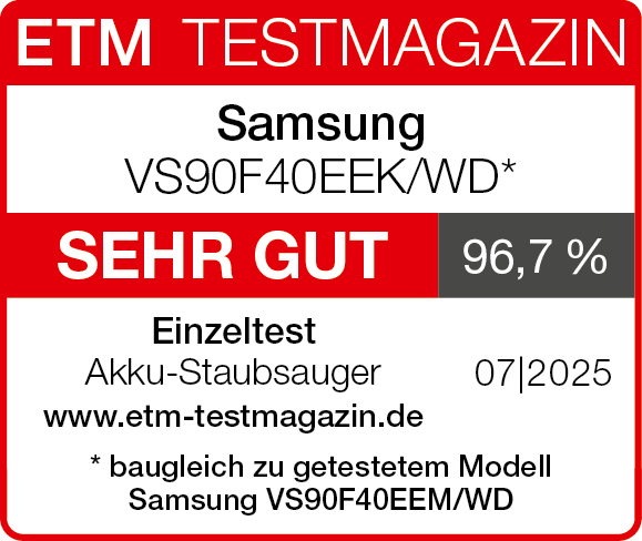 Magazin-Cover mit dem Titel 'ETM TESTMAGAZIN'. Es zeigt Informationen zu Samsung-Staubsaugern, die Bewertung 'SEHR GUT' und eine Punktzahl von 96,7%.
