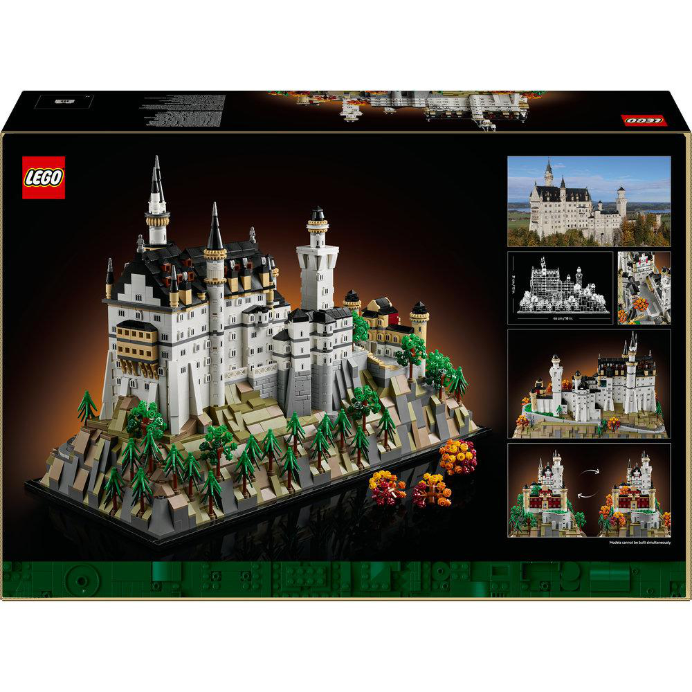 LEGO-Set eines Schlosses auf einer felsigen Landschaft mit Bäumen und bunten Blättern. Zusätzliche Bilder und das LEGO-Logo sind ebenfalls sichtbar.