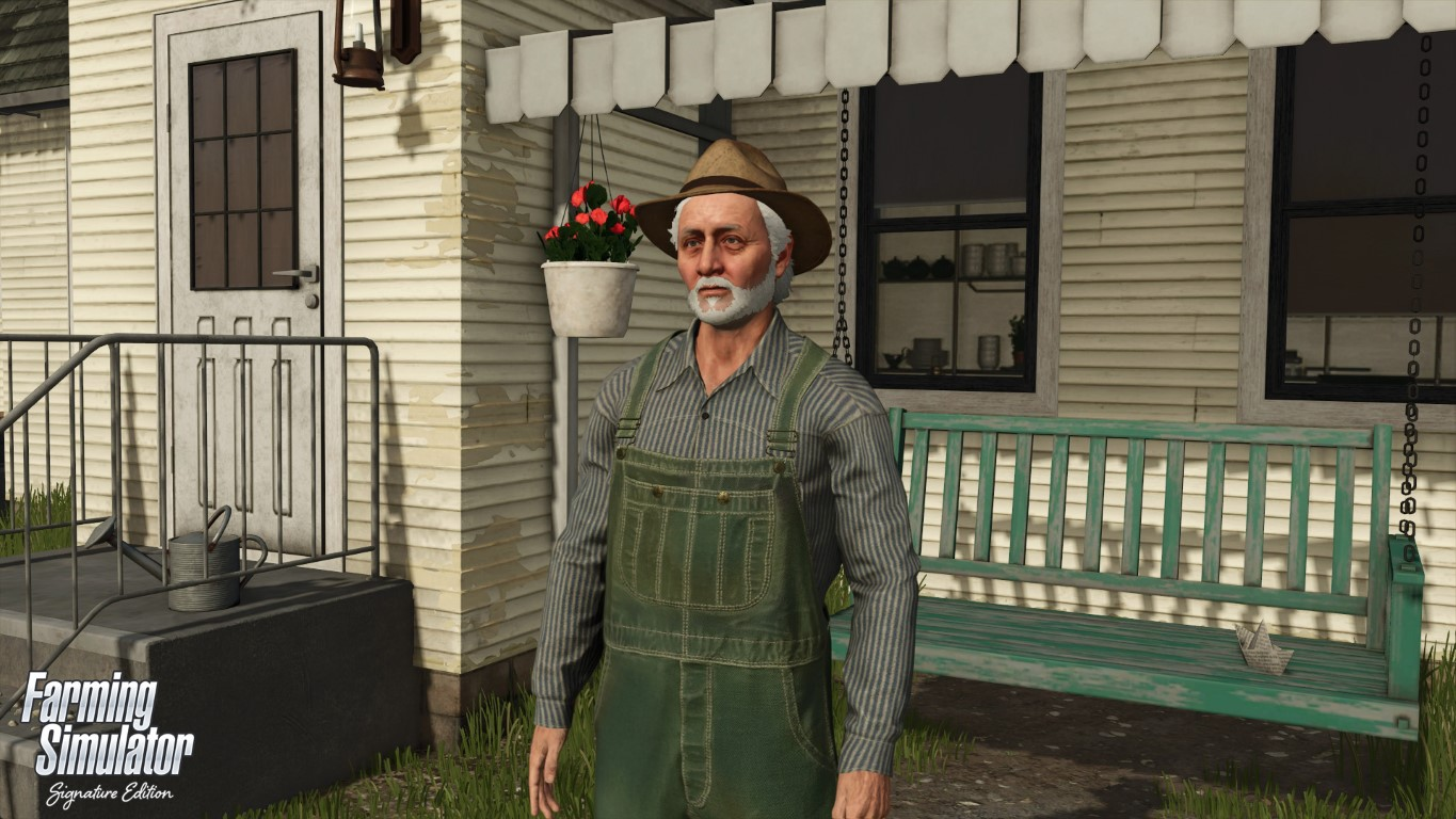 Starszy mężczyzna w kombinezonie i kapeluszu stoi na werandzie. Za nim dom z drzwiami i huśtawką. Logo Farming Simulator.