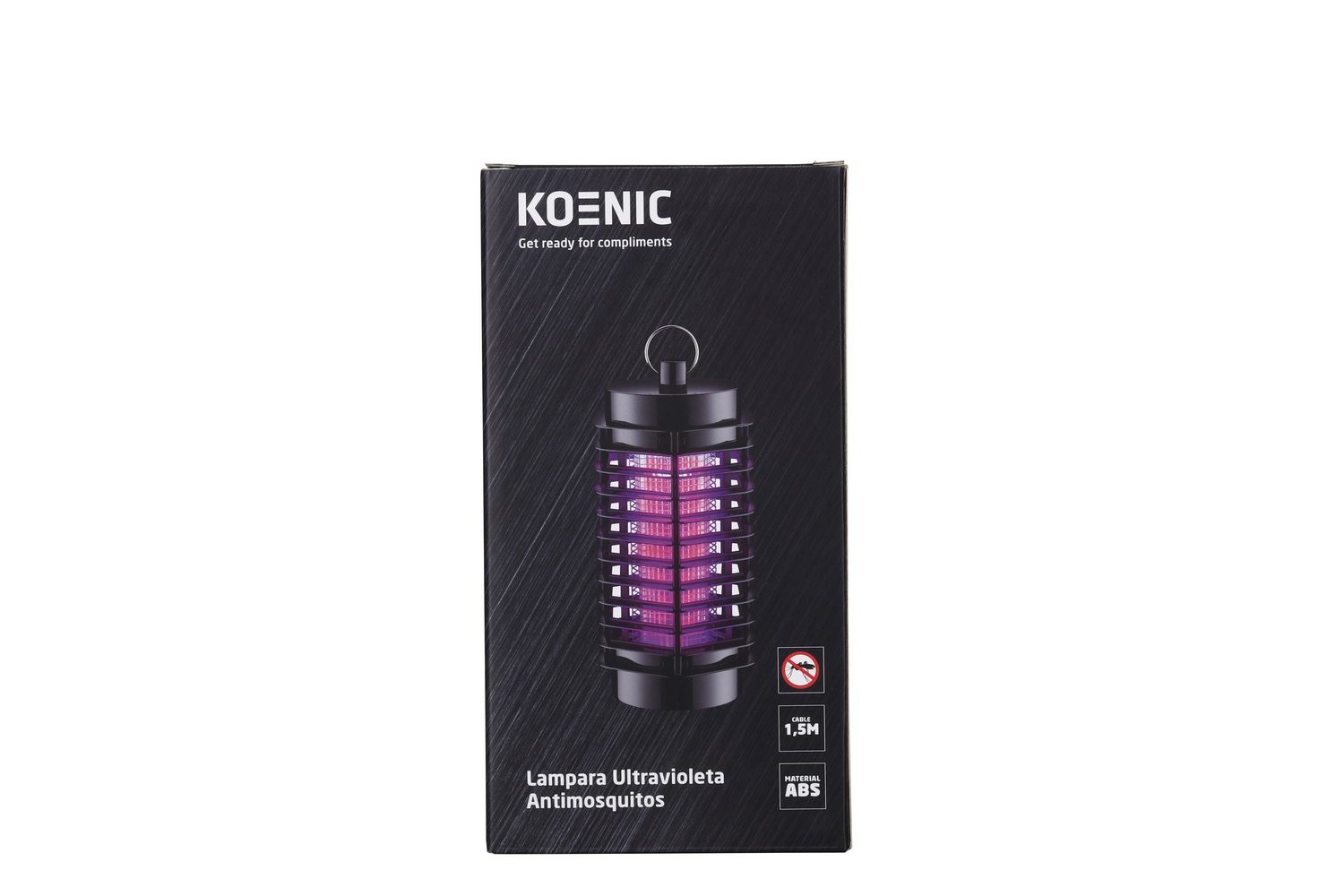 Caja negra Koenic con lámpara UV púrpura brillante. Texto: Lampara Ultravioleta Antimoscuitos.