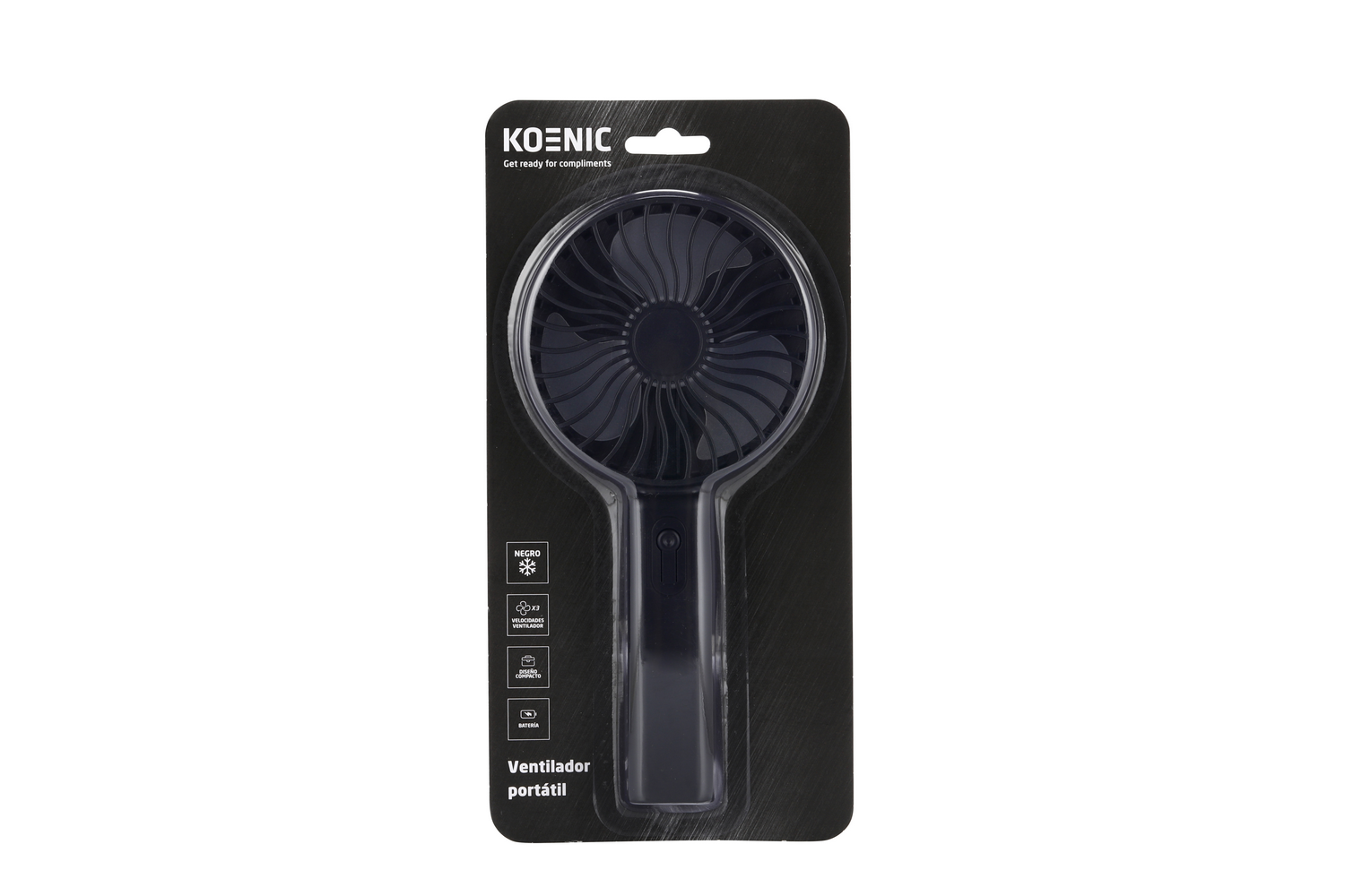 Un ventilador portátil Koenic negro en un paquete negro. El ventilador tiene una cabeza redonda y un mango. El paquete tiene iconos y texto en español.