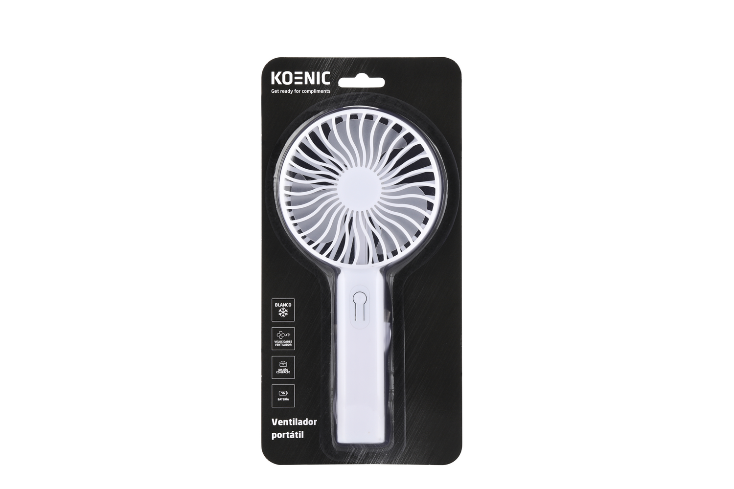 Un ventilador portátil blanco en su embalaje. El ventilador está sobre un fondo negro, con la marca en la parte superior. El embalaje es rectangular.