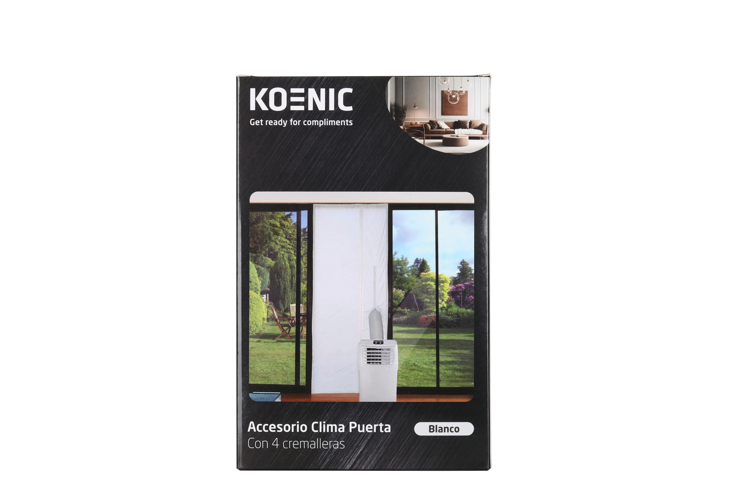 Una caja negra muestra una ventana con una cortina blanca y un aire acondicionado portátil. La ventana da a un jardín verde.