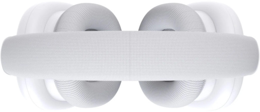 Białe słuchawki z szarą opaską z tkaniny. Nauszniki są białe, a opaska szara, z tkaną fakturą. Izolowane na białym tle.