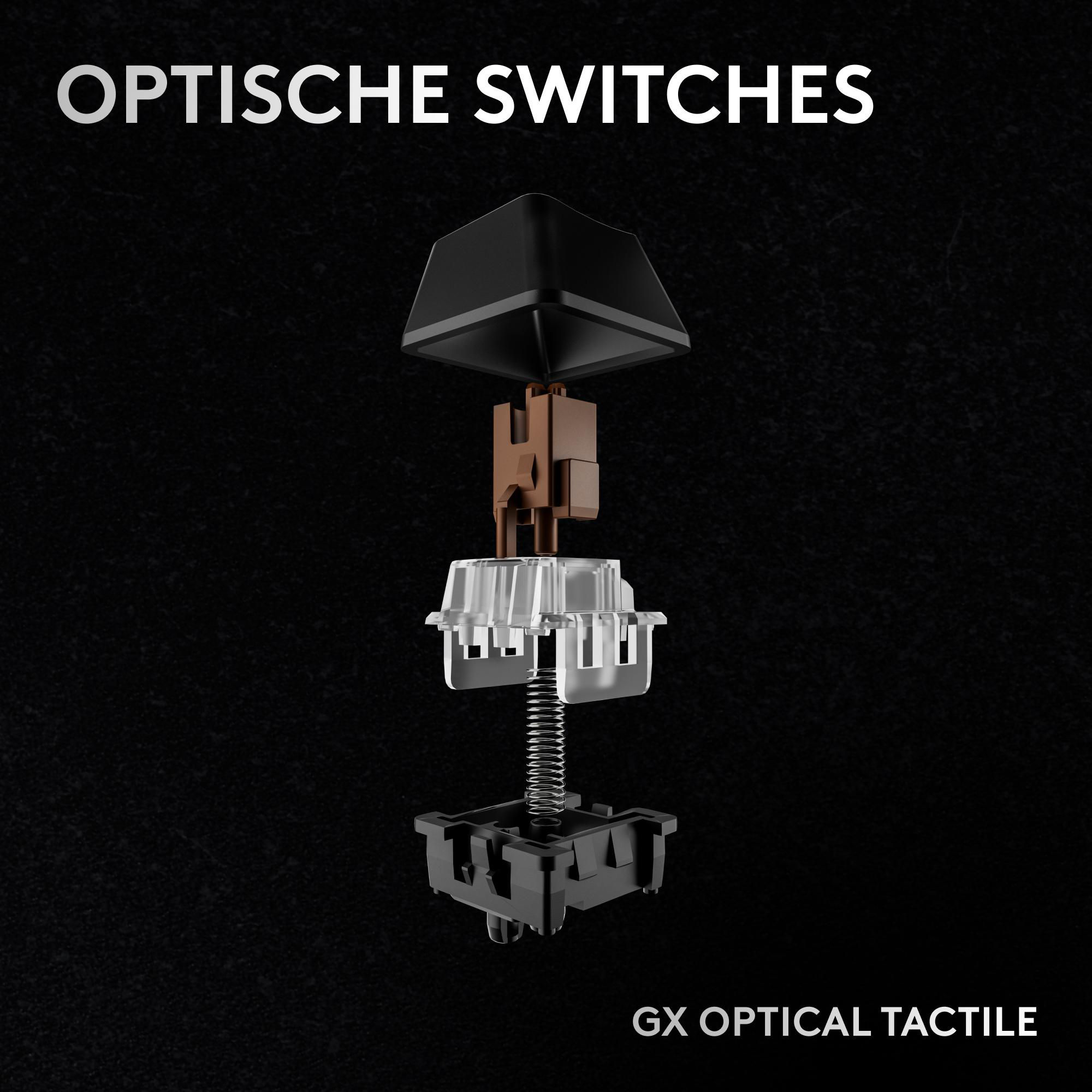 Diagramm eines zerlegten optischen Schalters. Schwarze Tastenkappe, brauner Schaft, transparentes Gehäuse und Feder.
