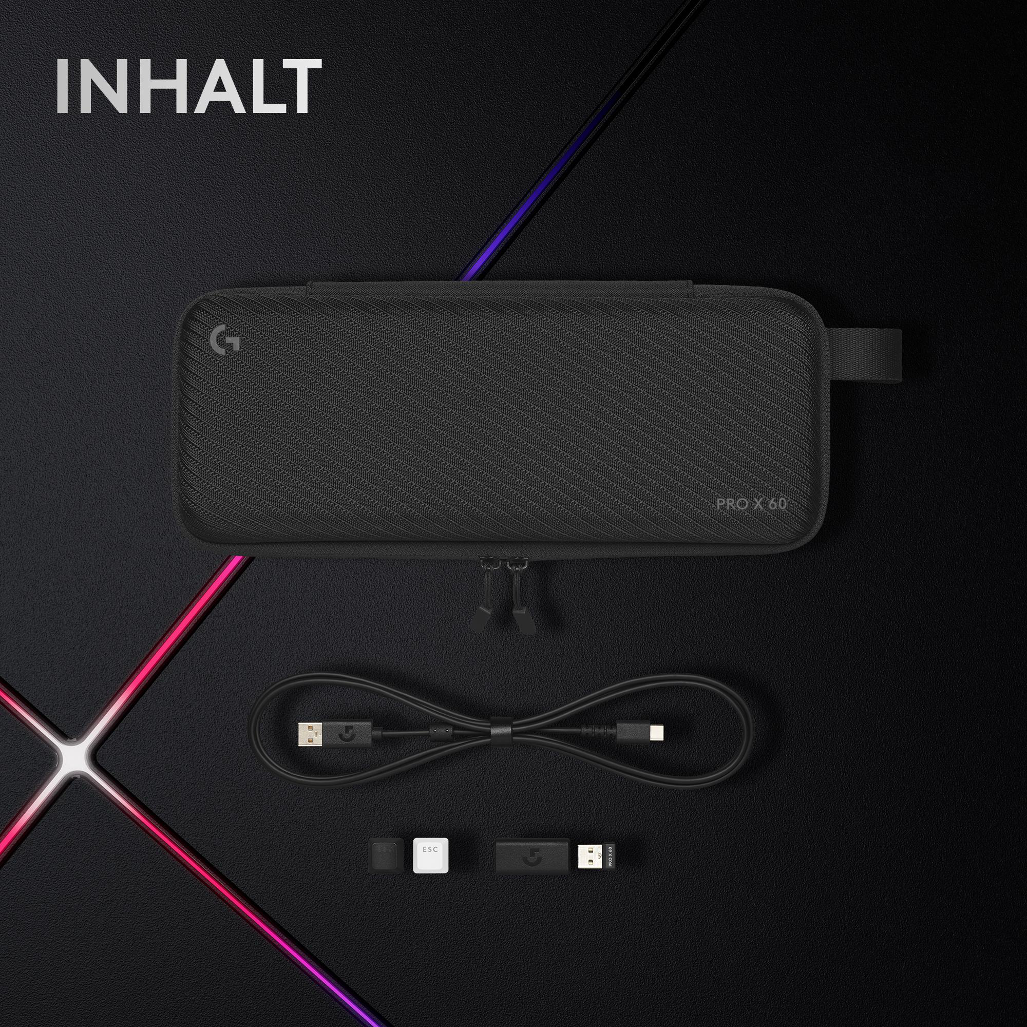 Schwarze Hülle mit 'PRO X 60'-Text, Kabel und Tasten auf dunkler Oberfläche. 'INHALT' oben.