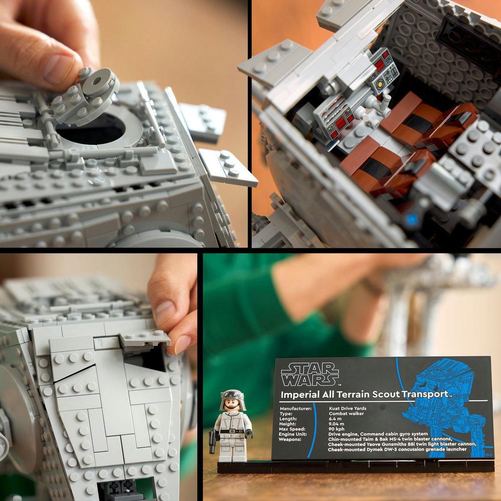 Ein Lego Star Wars Imperial AT-ST wird aus mehreren Blickwinkeln gezeigt. Teile werden geöffnet. Eine Minifigur und Spezifikationen sind ebenfalls vorhanden.