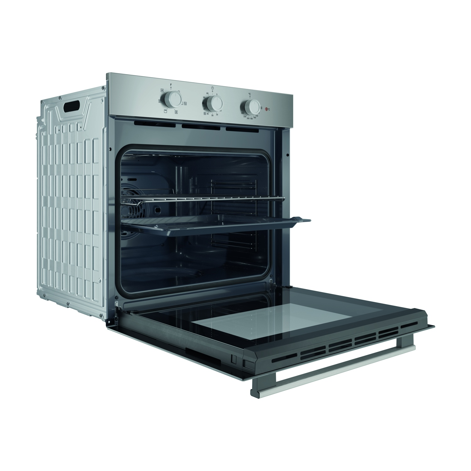Un forno in acciaio inossidabile con la porta aperta. All'interno ci sono griglie e un vassoio. Il pannello di controllo ha delle manopole.