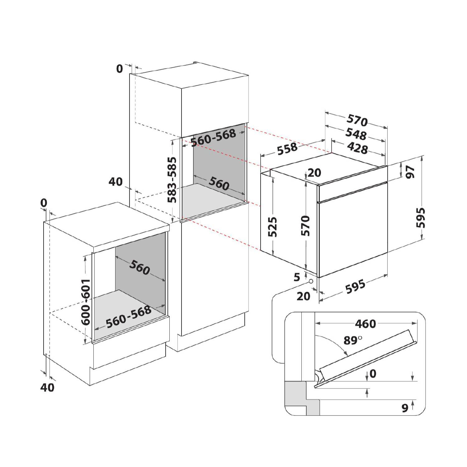 Diagramma di elettrodomestici da cucina con dimensioni. Include illustrazioni di forno e armadio con misure in millimetri.