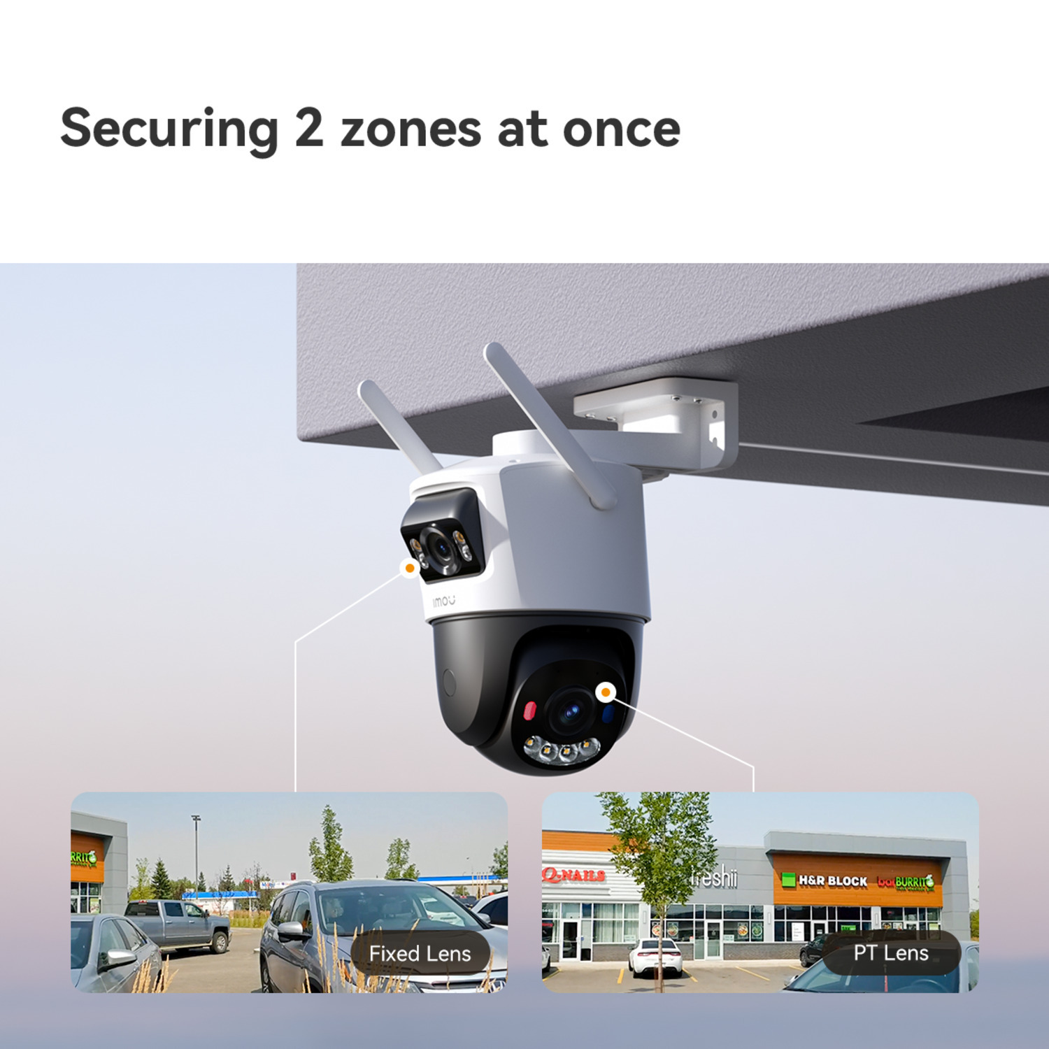 Een beveiligingscamera met twee lenzen die twee zones beveiligen. Eén lens wijst naar een parkeerplaats, de andere naar een commercieel gebied.