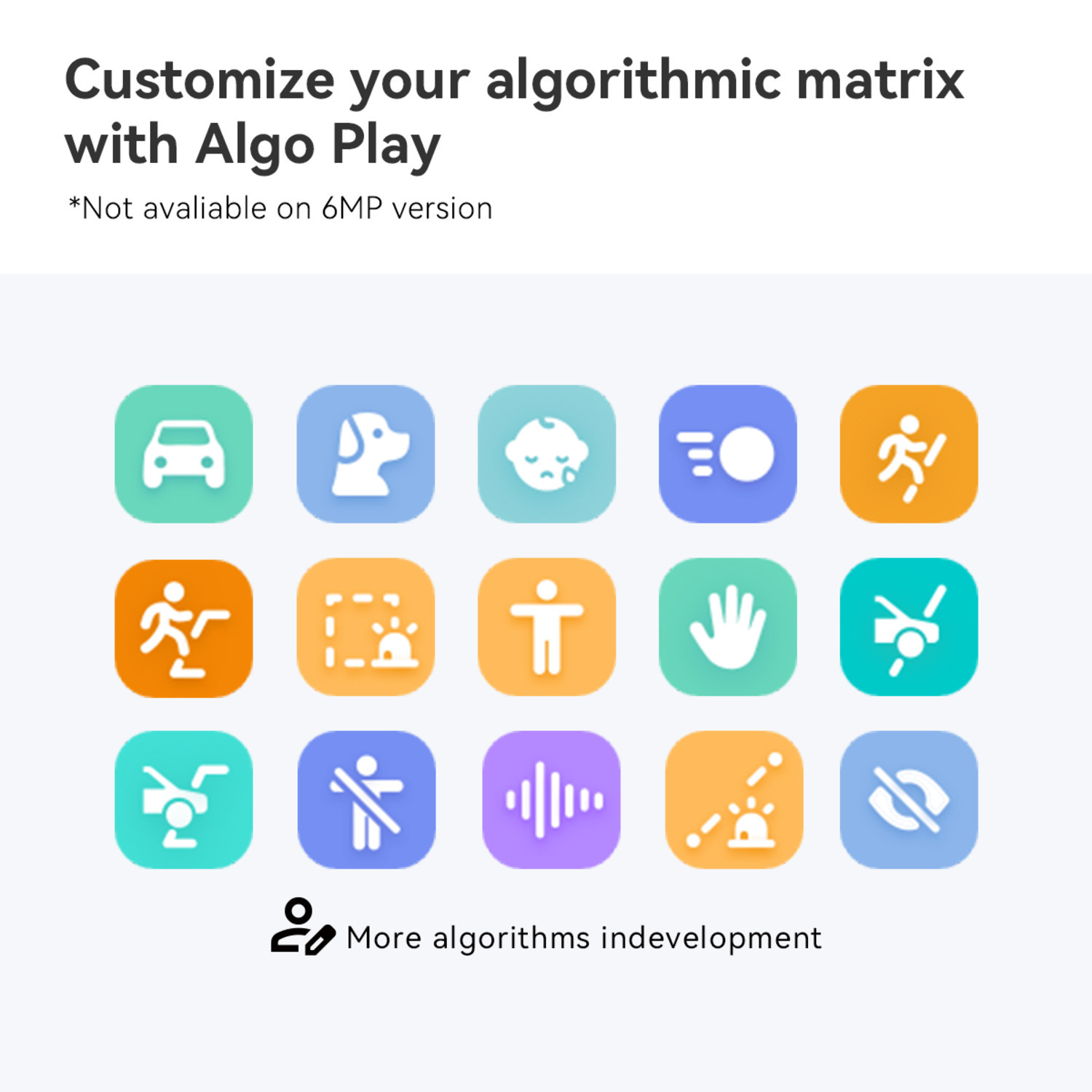 Afbeelding toont kleurrijke iconen op vierkante achtergronden, die verschillende algoritmen vertegenwoordigen, met tekst: 'Pas uw algoritmische matrix aan met Algo Play'.