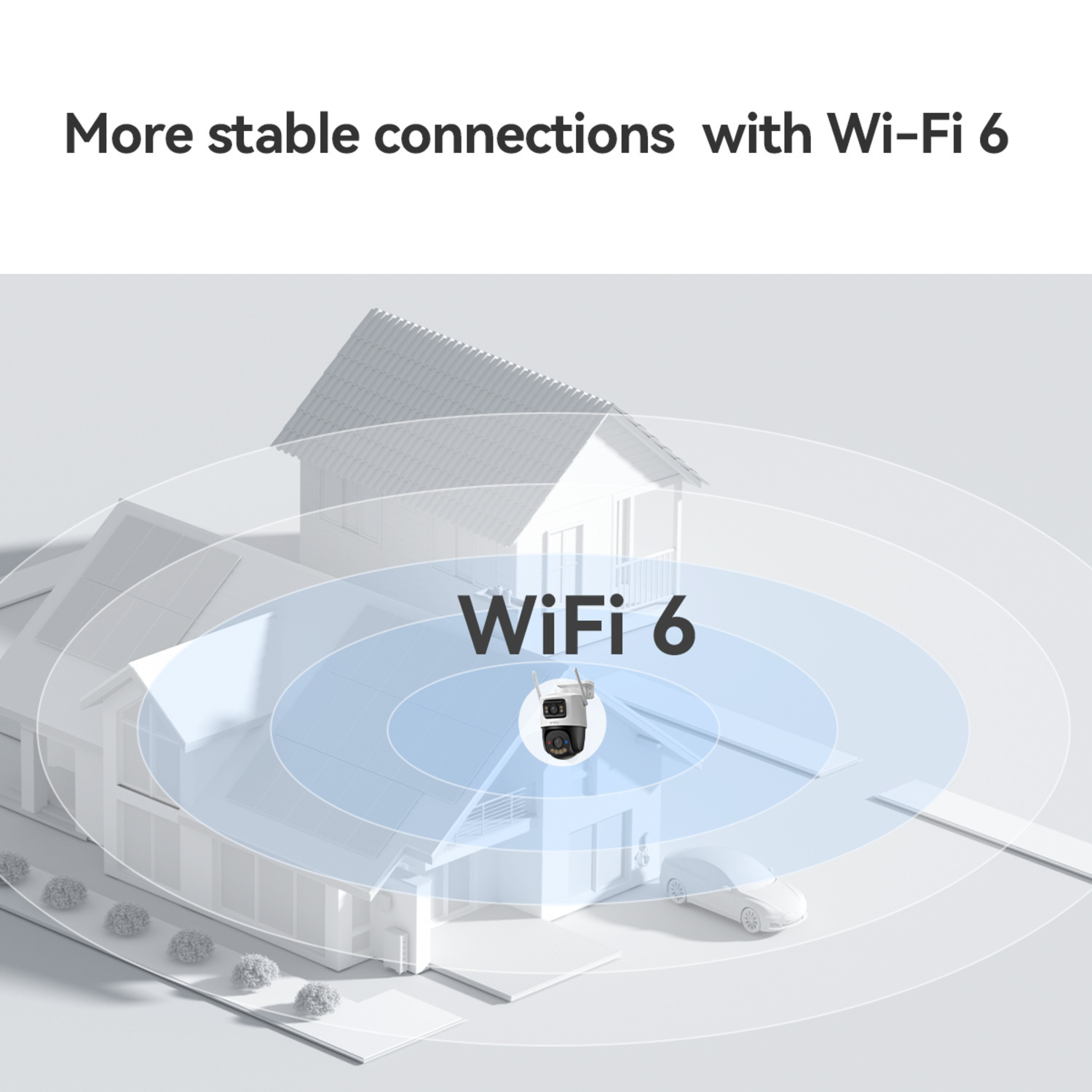 Een Wi-Fi 6 camera boven een huis met Wi-Fi signaal golven. Boven staat: Stabielere verbindingen met Wi-Fi 6.